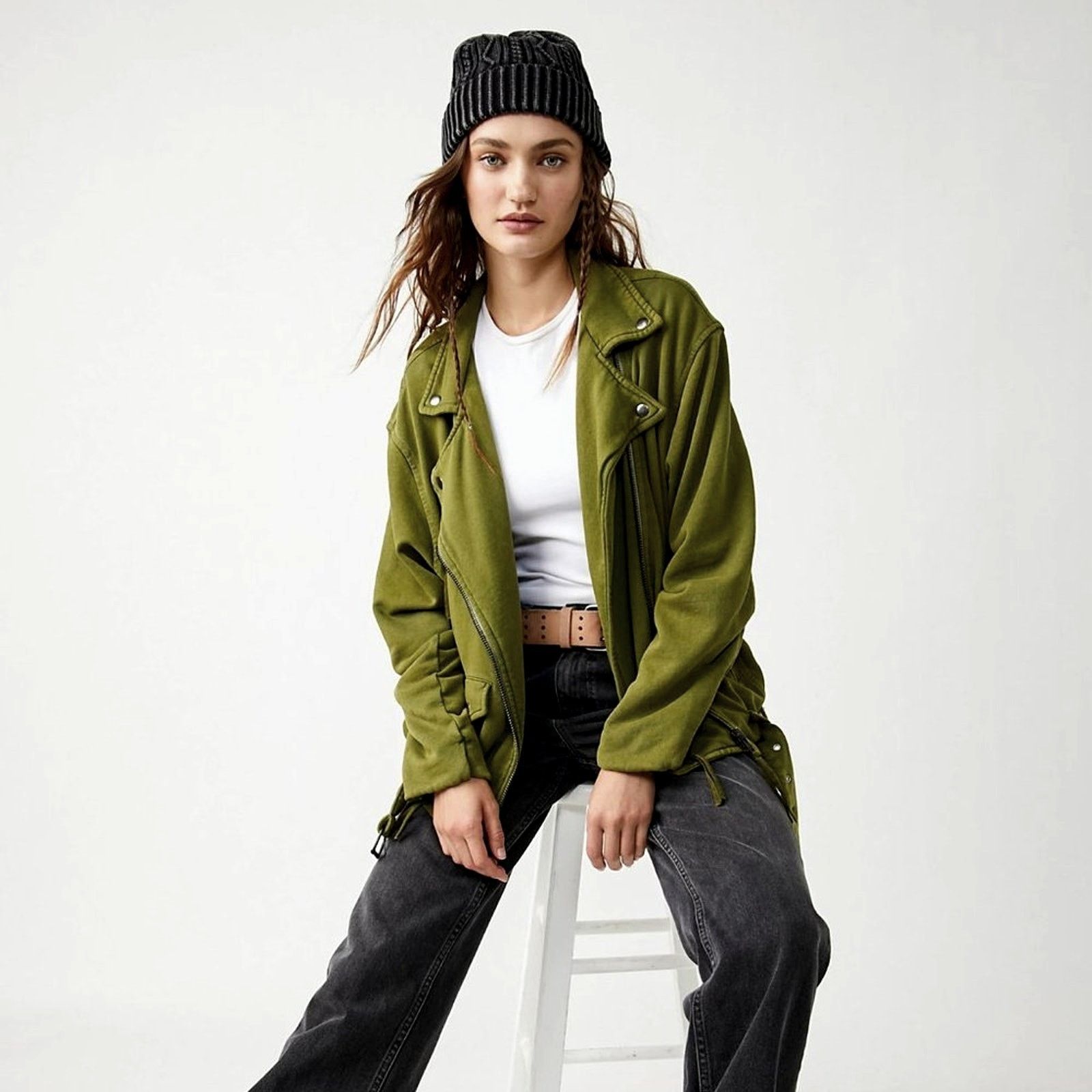 Free People Free People Rebel Knit Oversized Moto Jacket Green - size XL Size XL / US 12-14 / IT 48-50 - 2 Thumbnail