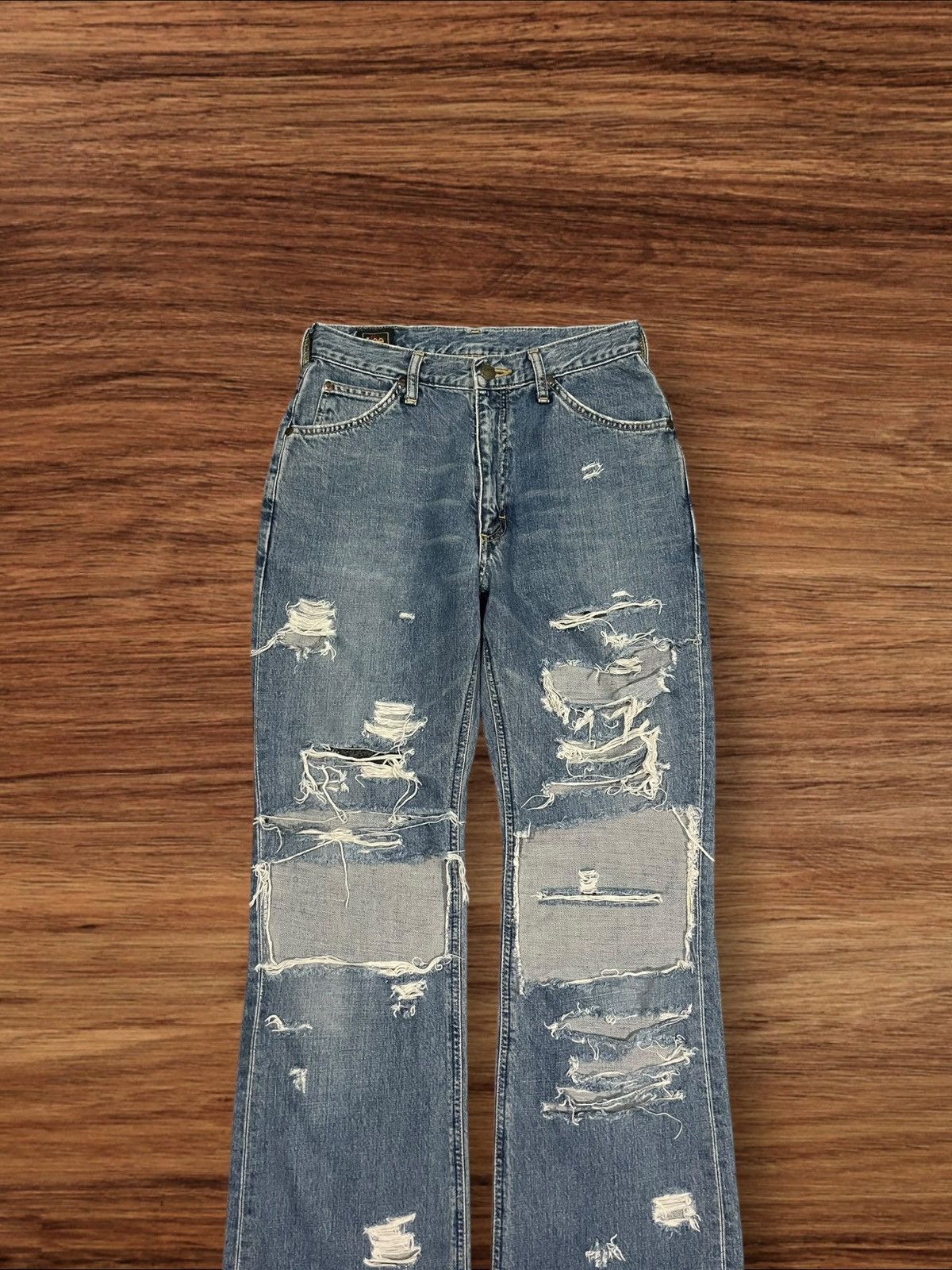 Lee × Vintage Vintage Miss Lee Trashed Punk Style Blue Washed Flare Jeans Size 31" - 3 Thumbnail