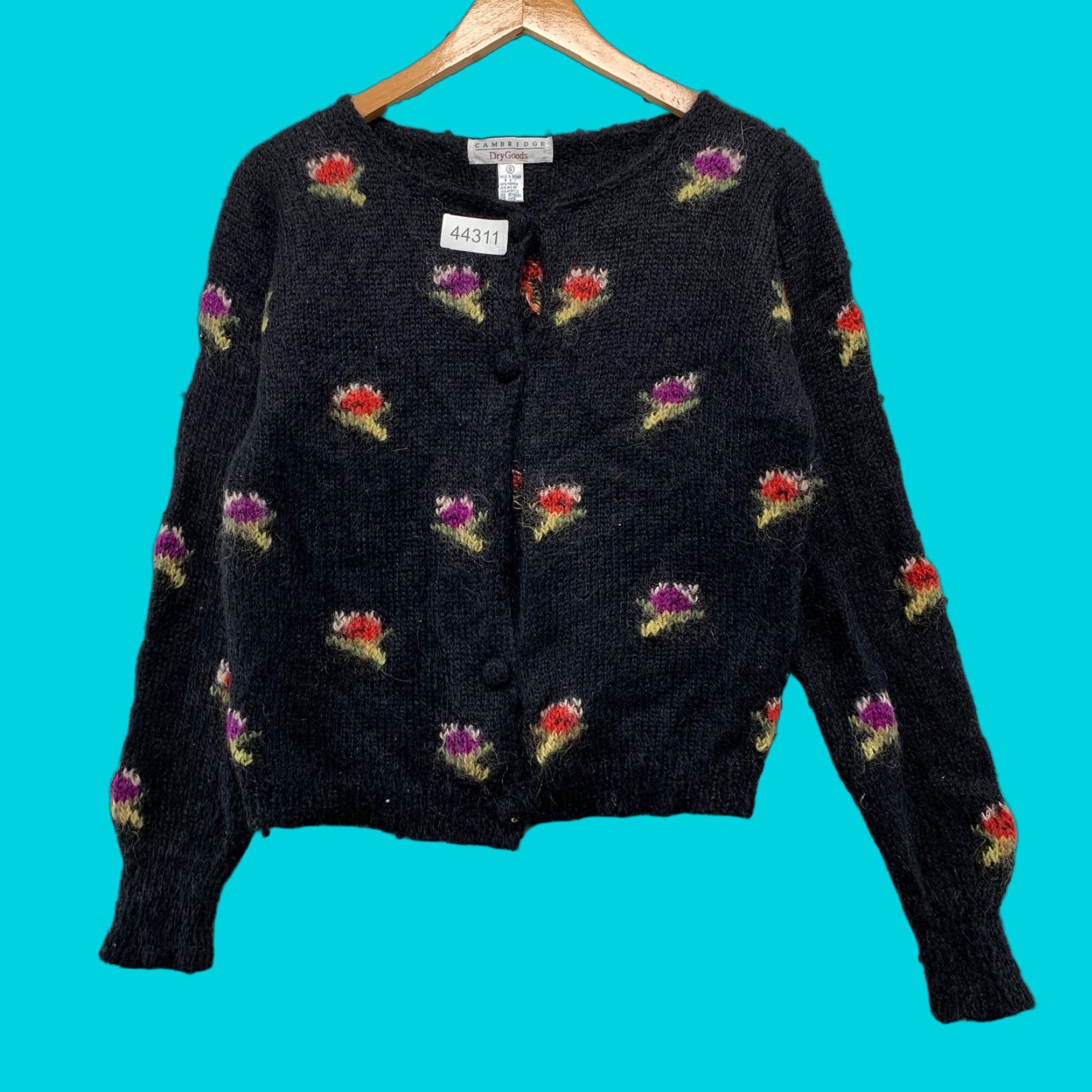 VINTAGE Cambridge Mohair Floral Cardigan Womens S Black Flower Taiwan