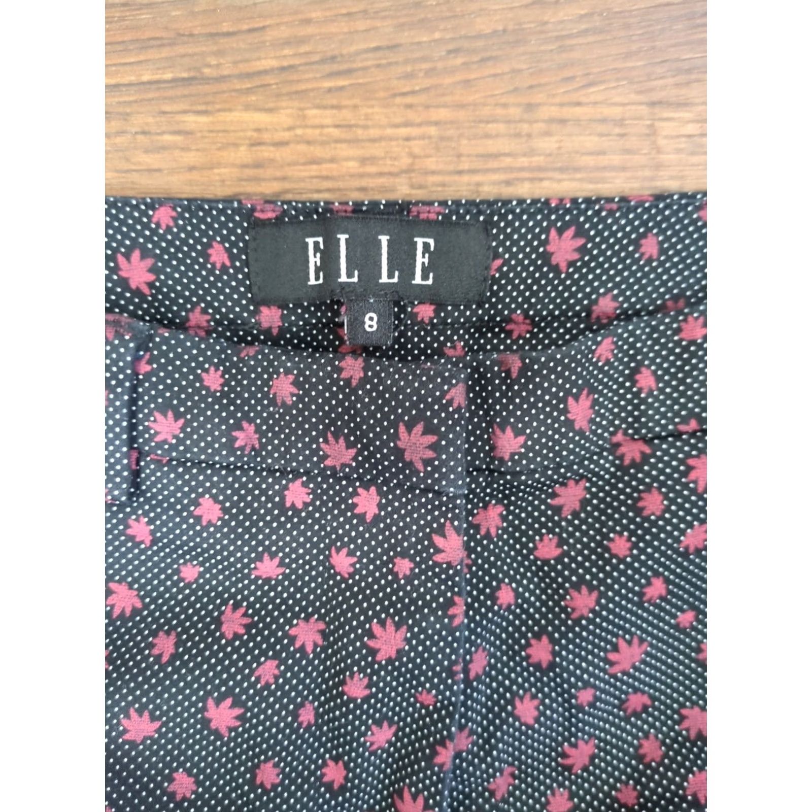 Vintage ELLE Dress Pants Womens 8 Black Polka Dot Leaf Print Straight Leg Flat Front Pants Ladies Regular Size 8 Black Size 30" / US 8 / IT 44 - 3 Thumbnail