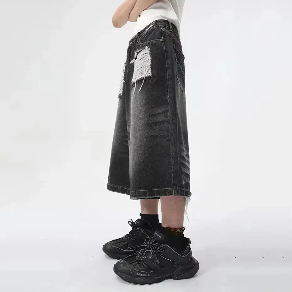 Japanese Brand Baggy Denim Ripped Whiskers Thread Jorts Shorts y2k Size US 32 / EU 48 - 2 Thumbnail