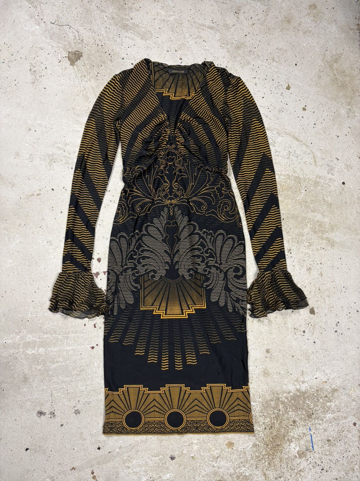 Roberto Cavalli Roberto Cavalli 2007 Gold & Black Printed Ruched Dress Size XS / US 0-2 / IT 36-38 - 1 Thumbnail