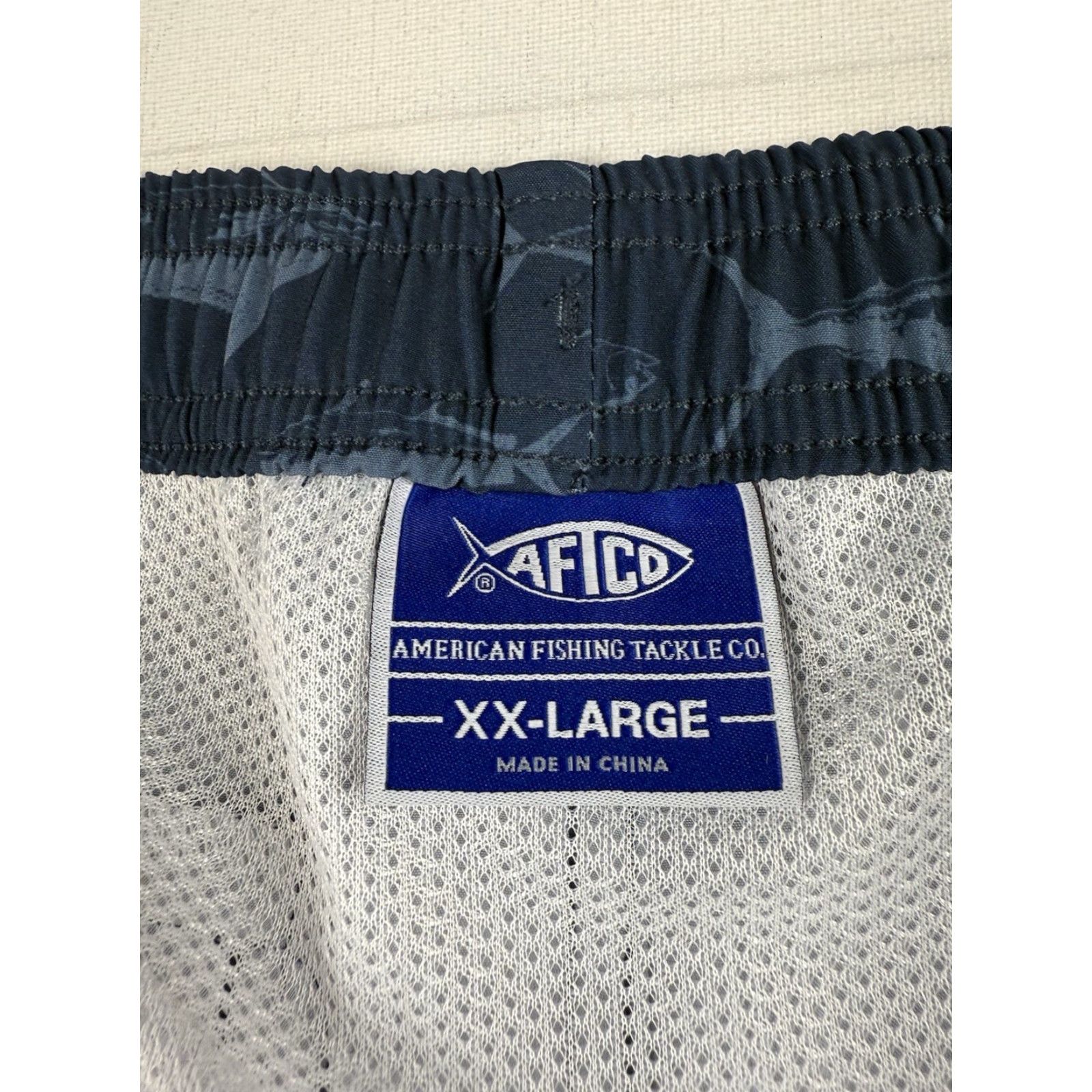 Swims AFTCO Swim Shorts Men’s 2XL Navy 5.5” Inseam Fisherman Shark Animal Print Beach Surfing Pockets Drawstring Lined Polyester Bottom Men Size US 39 - 2 Thumbnail