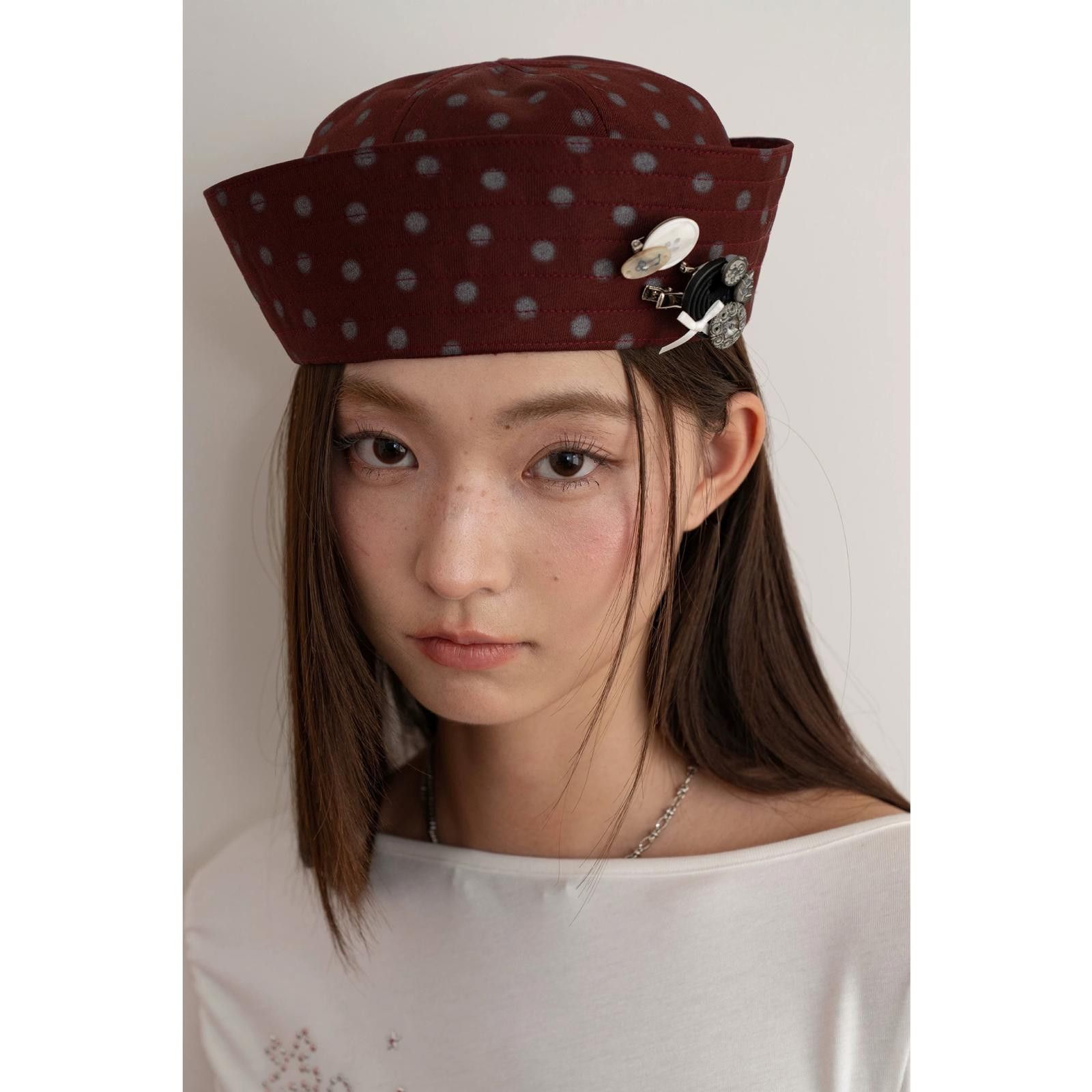 Japanese Brand Y2k Retro Burgundy Polka Dot Sailor Hat Y2K French Girl Size ONE SIZE - 2 Thumbnail