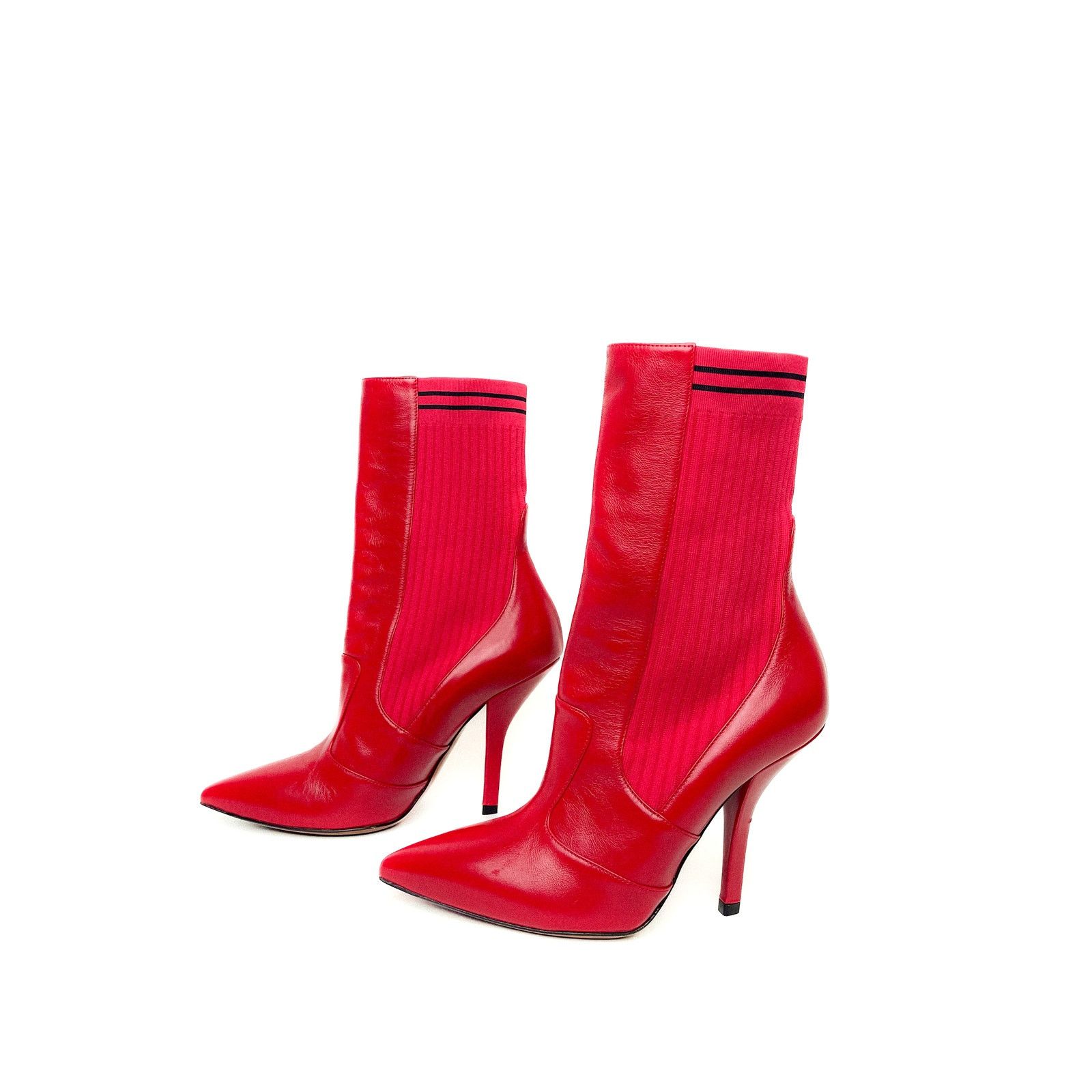 Fendi Red Leather And Knit Rockoko Ankle High Heel Boots Size US 8.5 / IT 38.5 - 5 Thumbnail