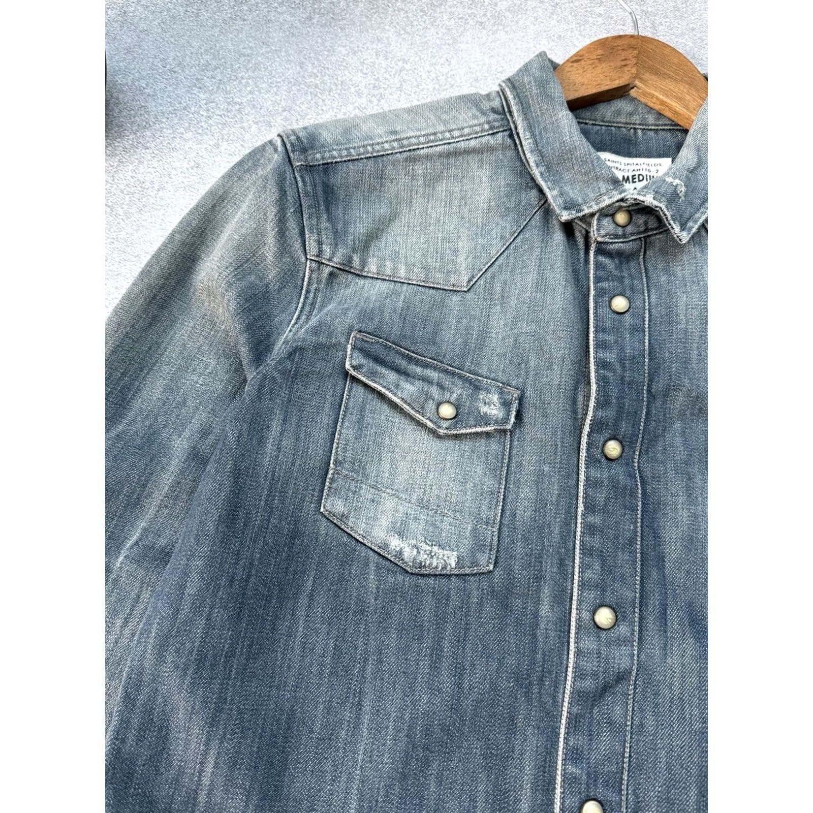 Allsaints AllSaints Denim Shirt Snap Distressed Vintage Blue Button Casual Mens M Blue Denim Y2K Shirt Size US M / EU 48-50 / 2 - 4 Thumbnail