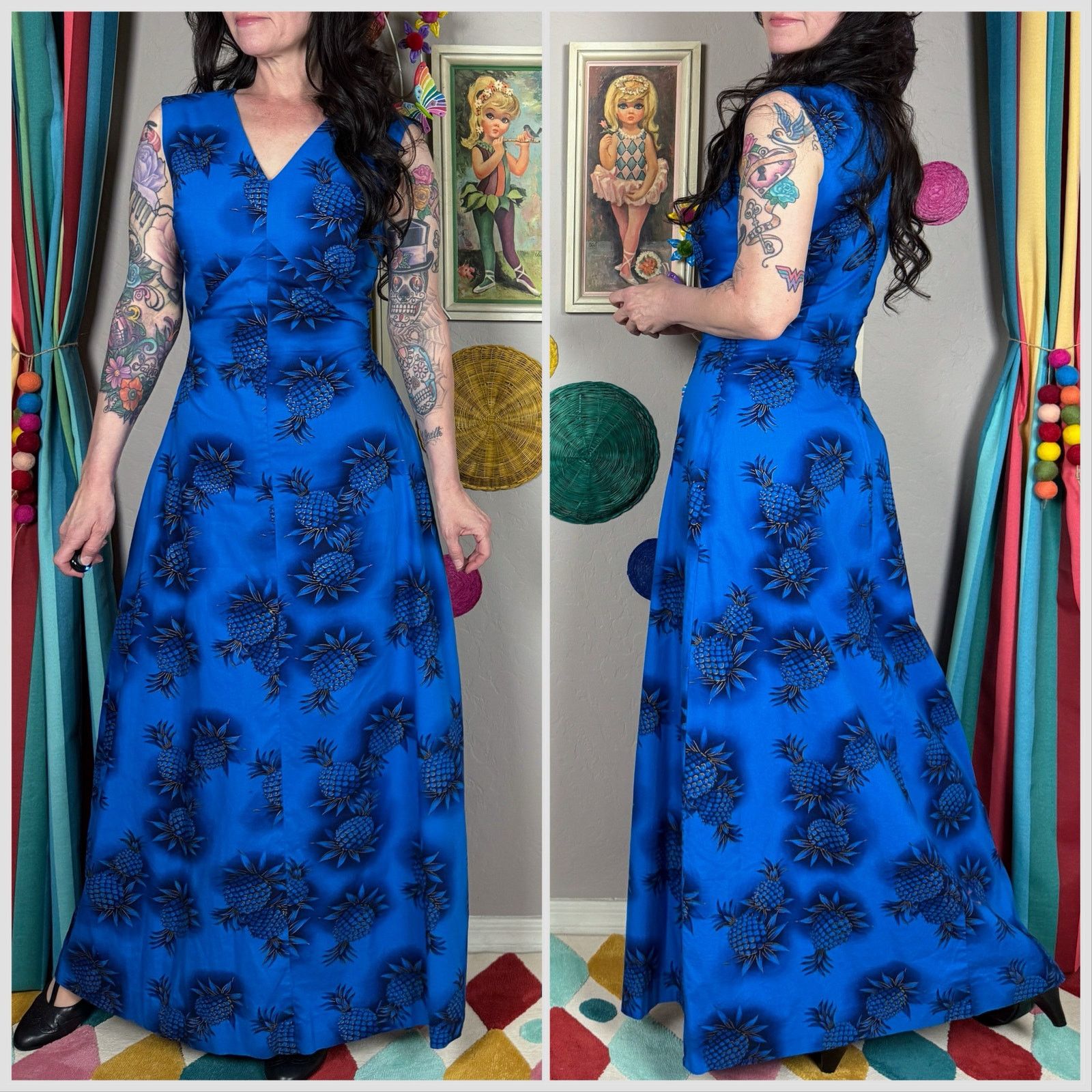 Vintage Vintage 1950s Blue and Gold Pineapple Print Tiki Maxi Dress Size S / US 4 / IT 40 - 3 Thumbnail