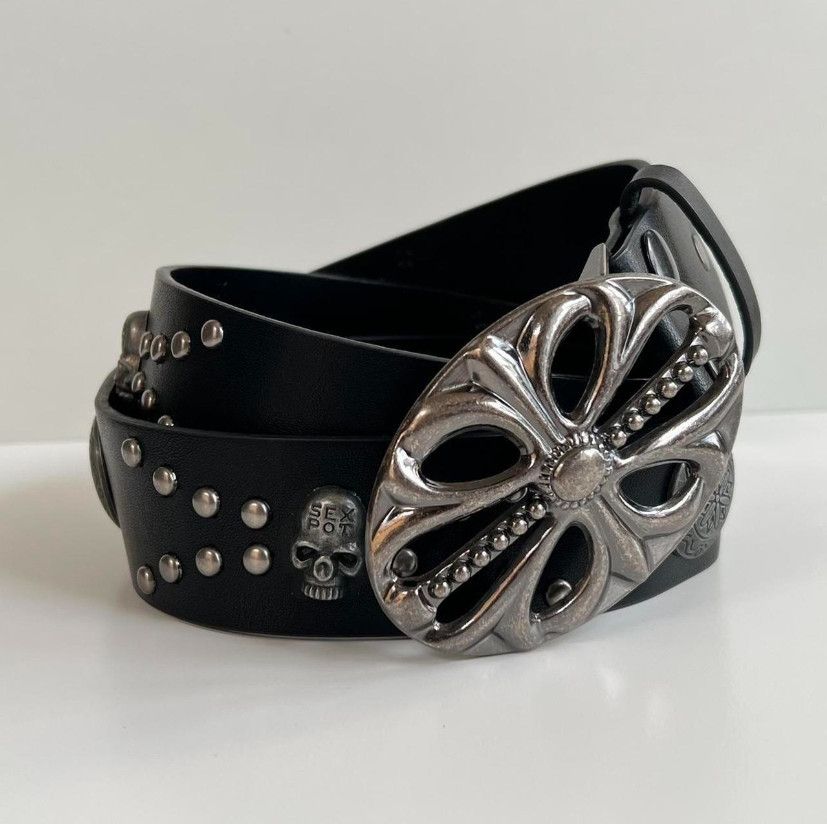 Cowboy Equipment × Leather Y2K 2000s skeleton cross studded goth emo black belt Size ONE SIZE - 4 Thumbnail
