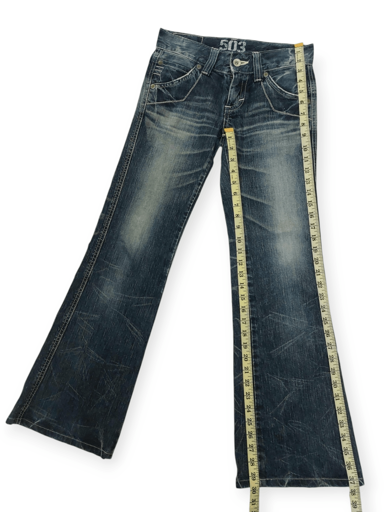 Edwin × Japanese Brand Flare Edwin 503 Blue Trip Buckle Back Denim Size 28" / US 6 / IT 42 - 21 Thumbnail