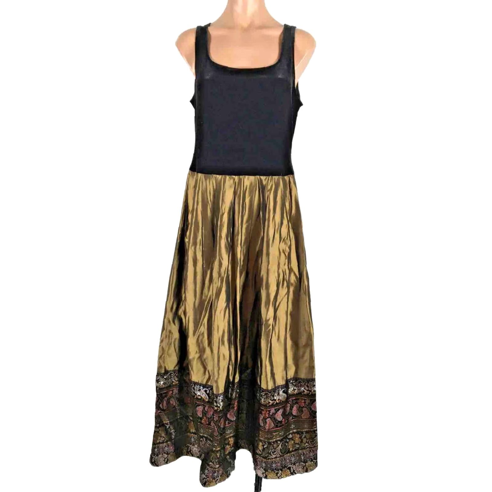 VINTAGE Patra Tafeta Dress Formal Floral Velvet Evening Gown Sleeveless Bronze Gold Maxi A-Line Long Dress