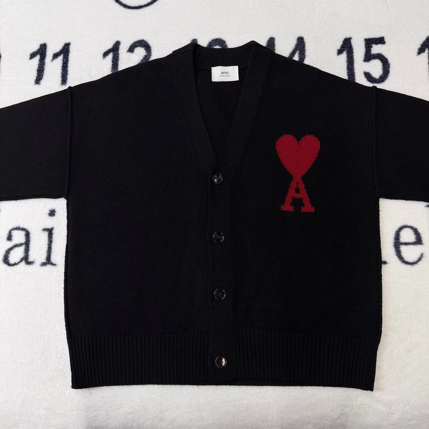 AMI Black V-Neck Cardigan with Red Heart & A Design Size US L / EU 52-54 / 3 - 1 Thumbnail