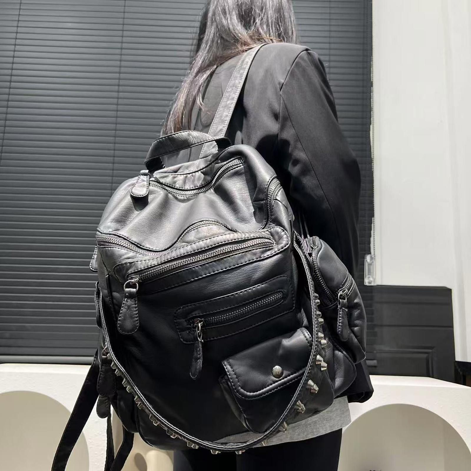 Black Leather Studded Backpack Multi-Pocket Casual Bag