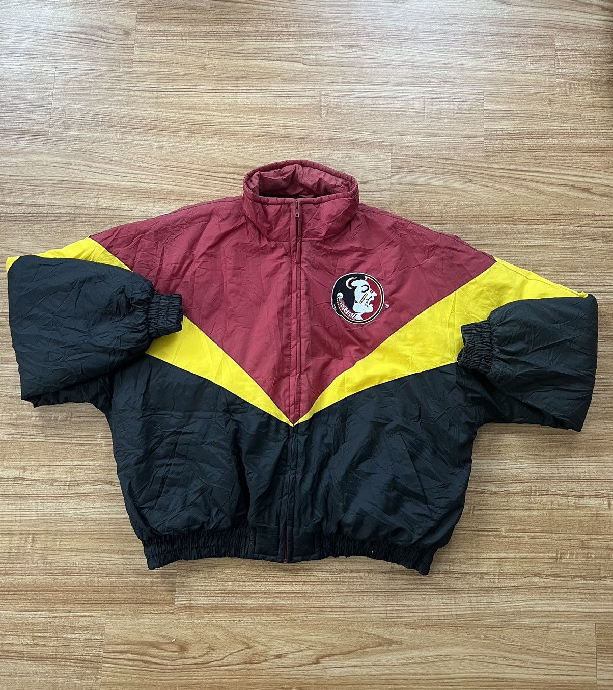 image of American College x Collegiate Vintage Florida State Seminoles Locker Line Jacket in Burgundy/Yellow