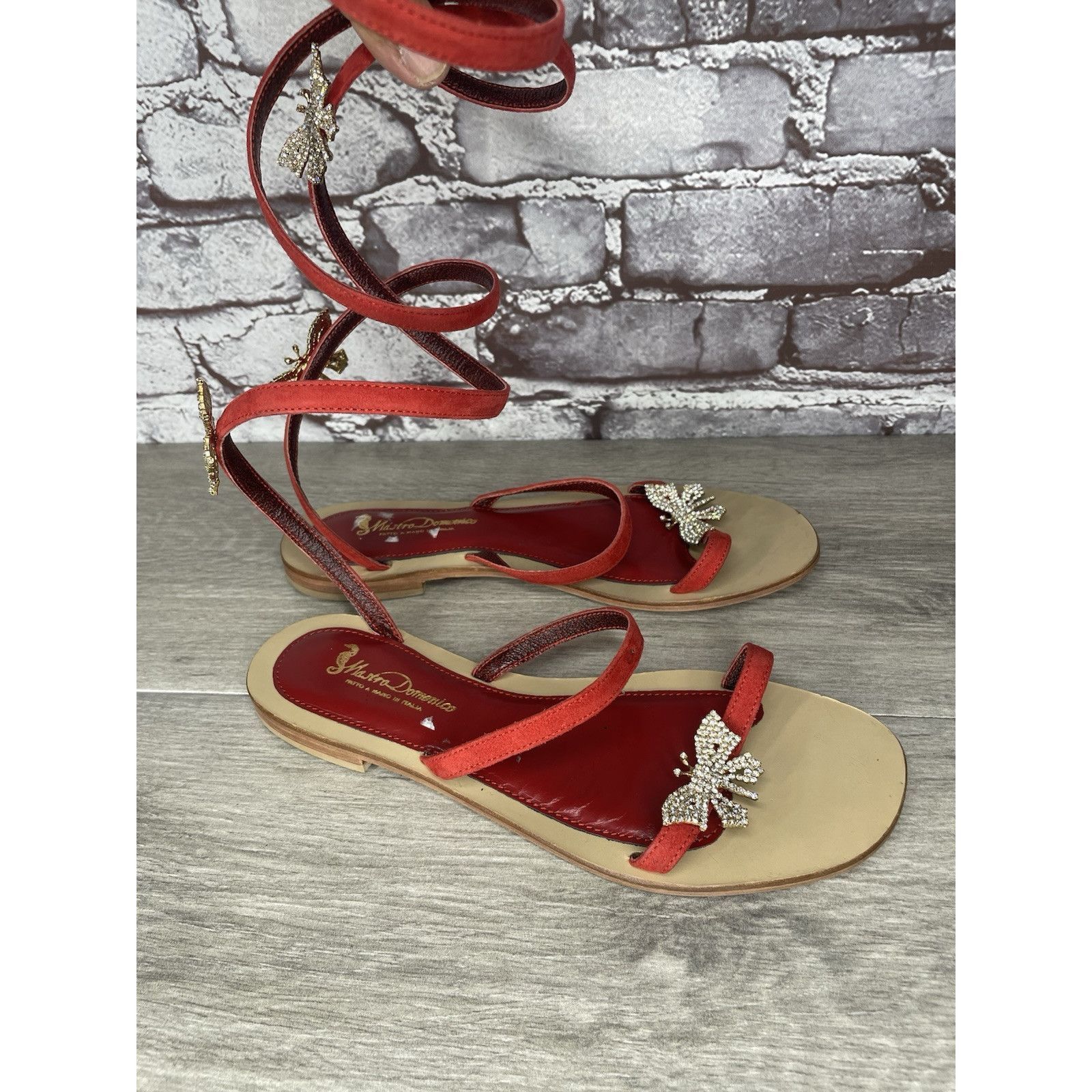 Domenico Spano Mastro Domenico Red Leather Butterfly Rhinestone Wrap Around Size US 7.5 / IT 37.5 - 4 Thumbnail