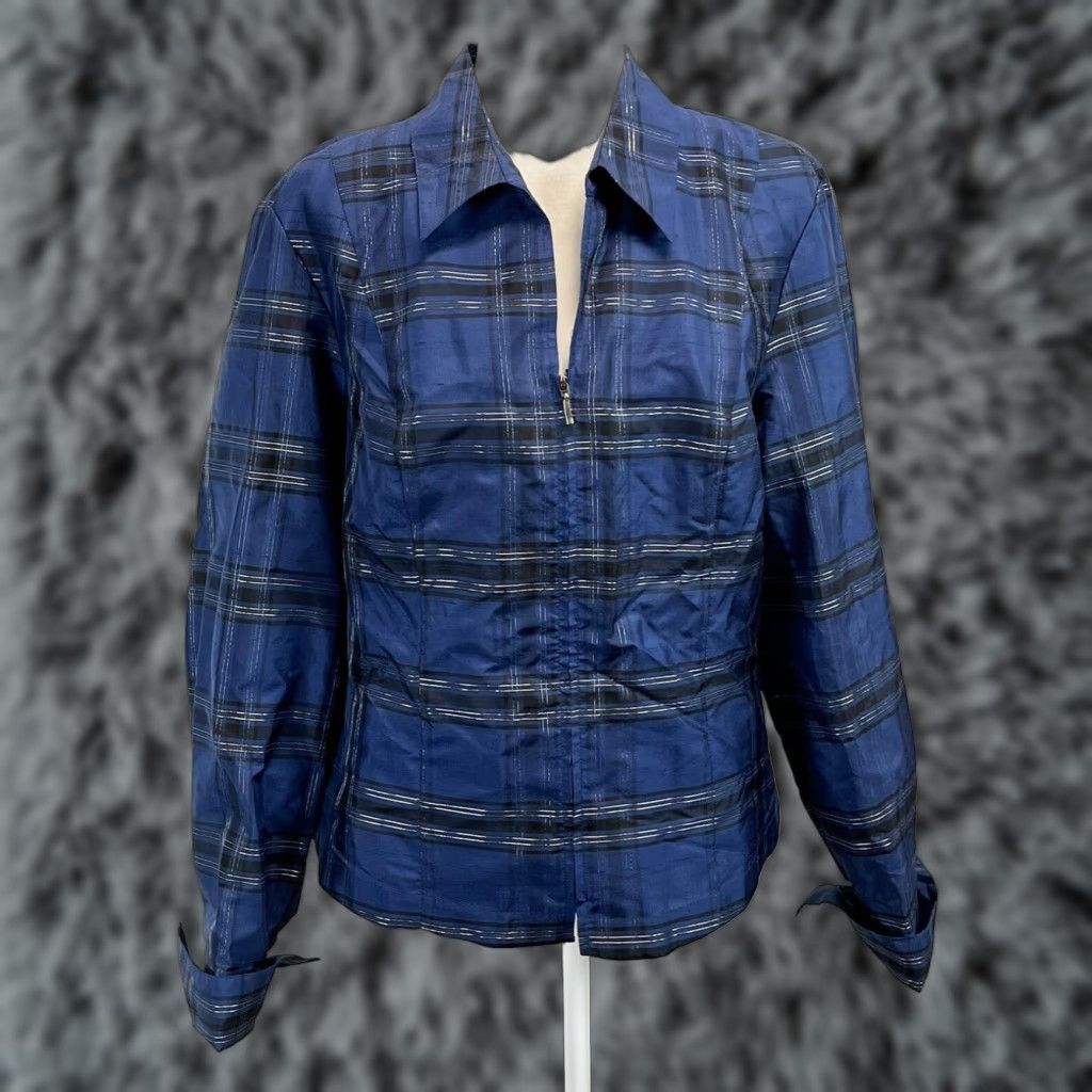 Coldwater Creek Coldwater Creek Silk Blend Plaid Blouse Shirt Women's Large Blue Long Sleeve Full Zip Size L / US 10 / IT 46 - 1 Thumbnail