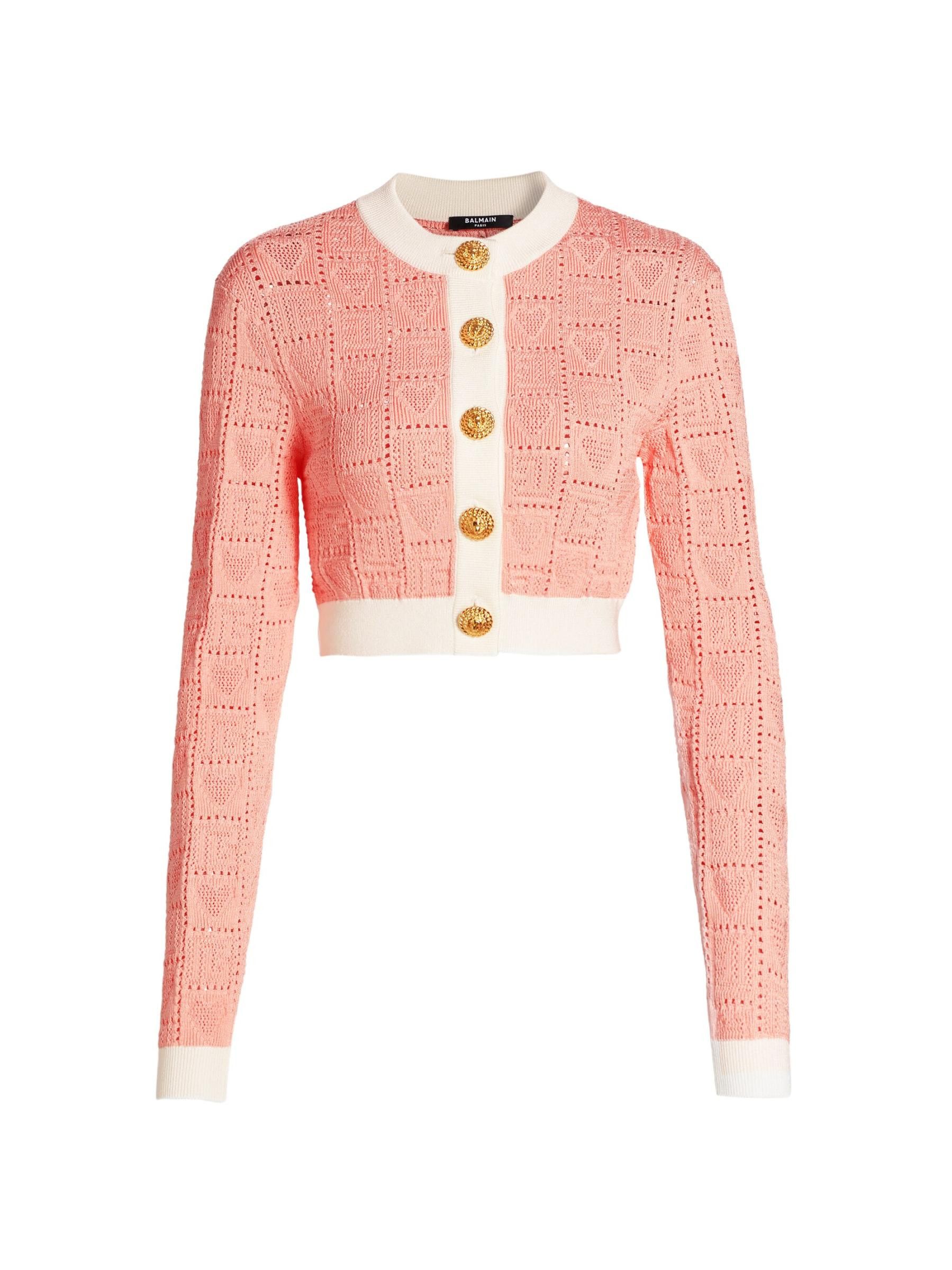 Balmain o1s1wg110725 Heart Point Knit Crop Cardigan in Light Pink Size S / US 4 / IT 40 - 1 Thumbnail