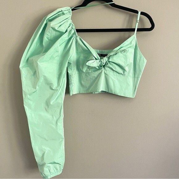 Zara Zara Mint Green Puff Sleeve One Shoulder Crop Top Size S / US 4 / IT 40 - 2 Thumbnail