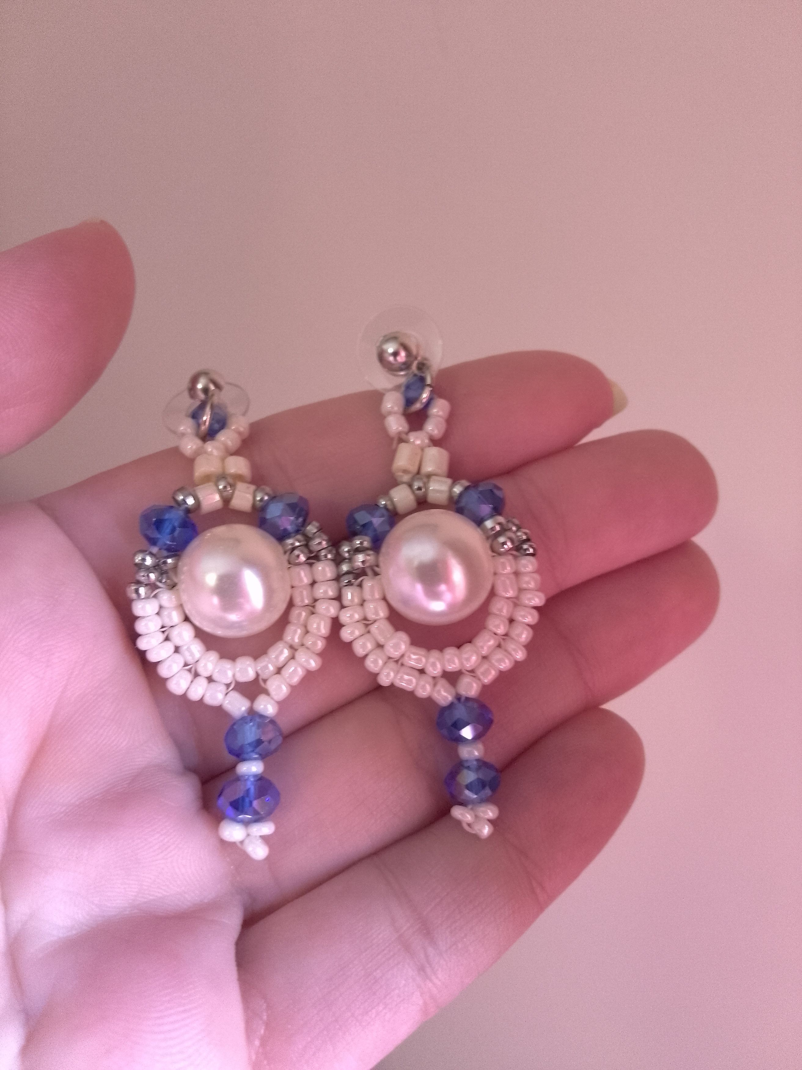 Handmade Earrings Ivory Pearl Blue Crystal Elegant Size ONE SIZE - 9 Thumbnail