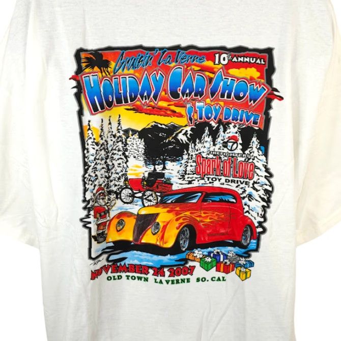 Gildan VINTAGE Holiday Car Show T Shirt Mens 3XL White Y2K 2007 Cruisin La Verne Gildan Crew Neck Short Sleeve Cotton Double-Sided Reg Mens Size US XXL / EU 58 / 5 - 4 Thumbnail