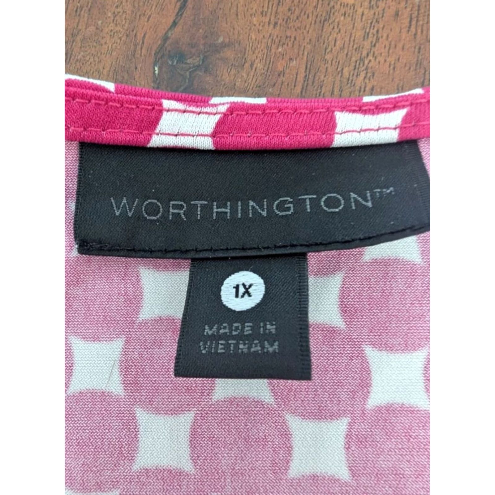 Worthington Worthington Pink White Geometric Circle Print Scoop Neck Short Sleeve Top Womens 1X Retro Size XL / US 12-14 / IT 48-50 - 6 Thumbnail
