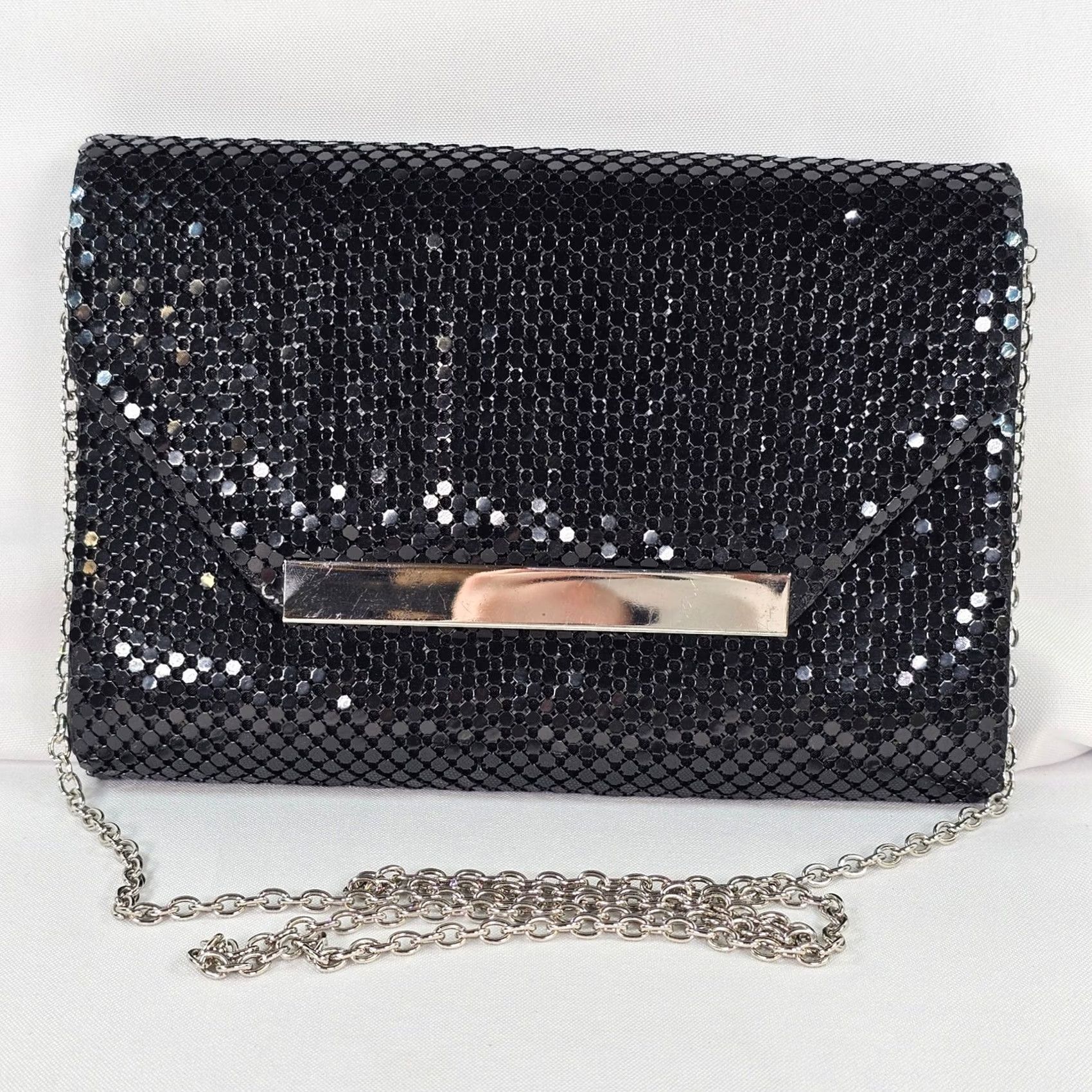 Aldo Aldo Black Mesh Evening Clutch Bag with Chain Strap Silver Accent - Small, Silver Hardware, 9in Wide, 6in High, Formal Party Wedding, Women, Clutch Size ONE SIZE - 2 Thumbnail