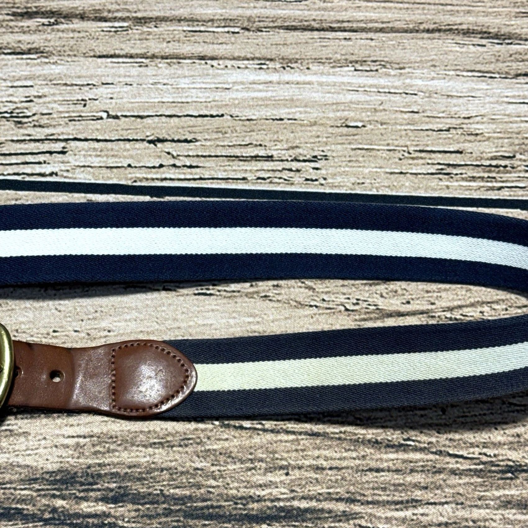 Vintage J Press Belt Mens 42 Brown Canvas Leather Blue White Striped Brass Buckle Adjustable Regular US University Preppy Size 42 - 6 Thumbnail