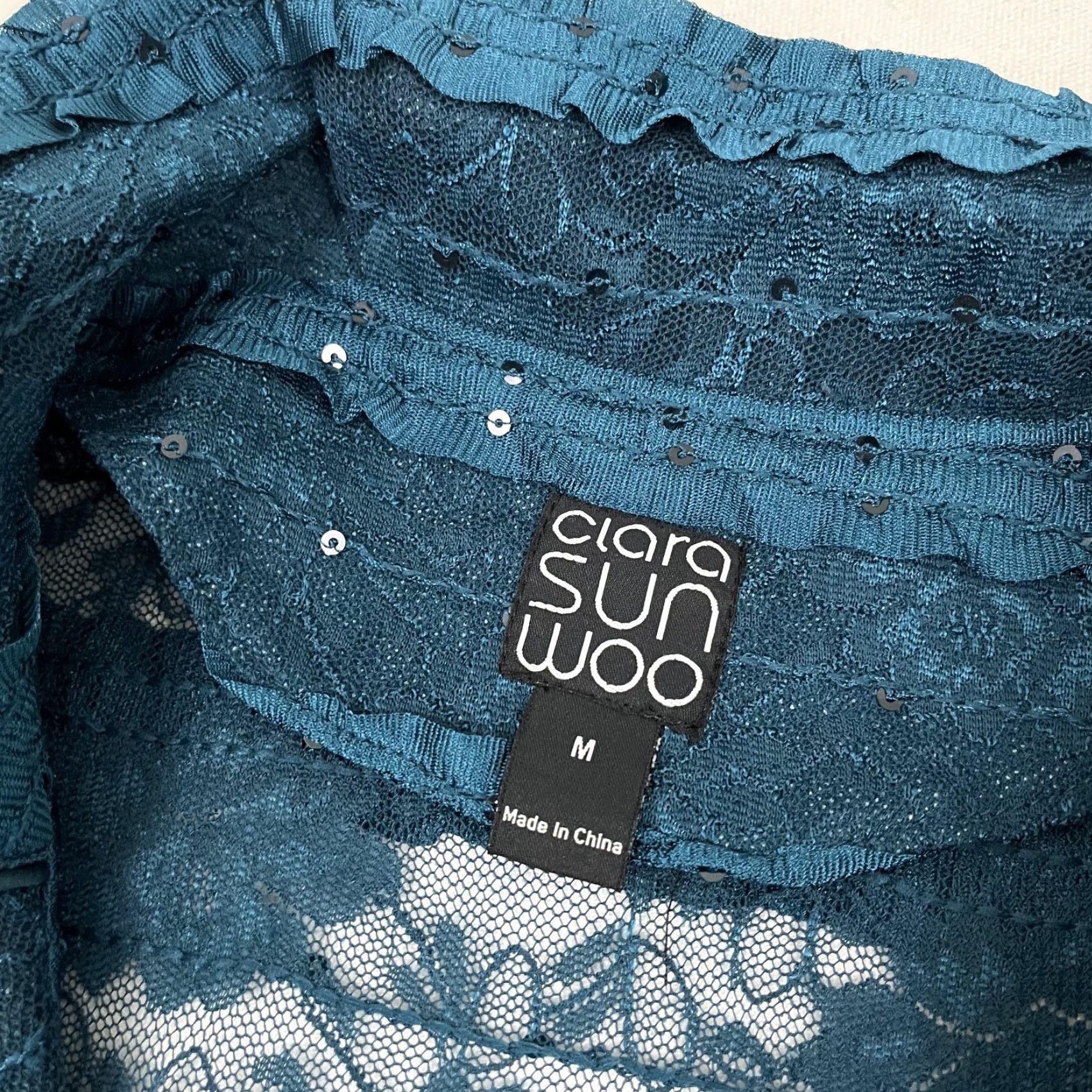 Vintage Clara Sun Woo Blazer Adult Women Medium Teal Blue Lace Sequin Sheer Dressy Womens Size M / US 6-8 / IT 42-44 - 2 Thumbnail