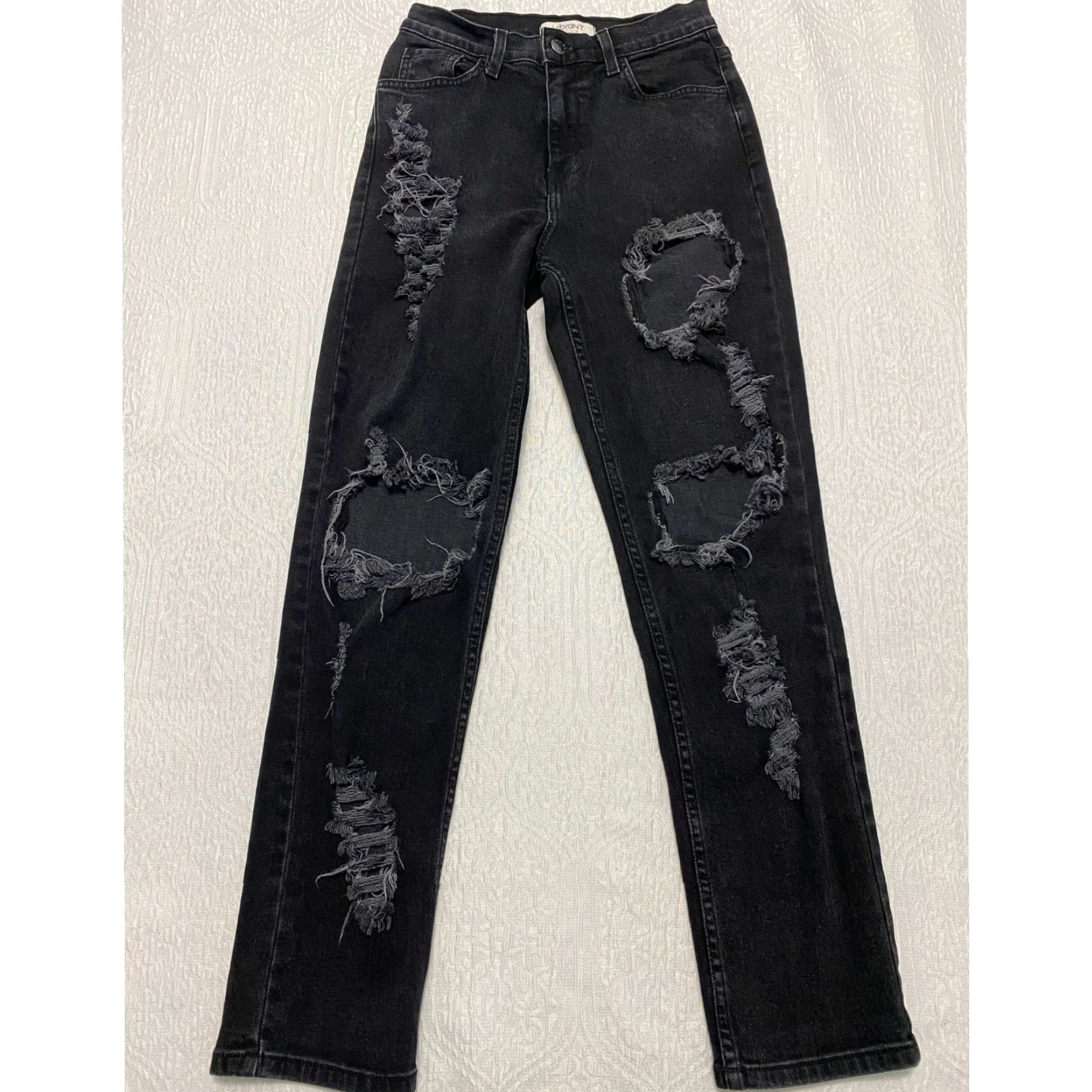 Vintage VIBRANT MIU Jeans Black Distressed Ripped High Rise Straight Leg 3 Juniors Women's USA Made Size 26" / US 2 / IT 38 - 2 Thumbnail