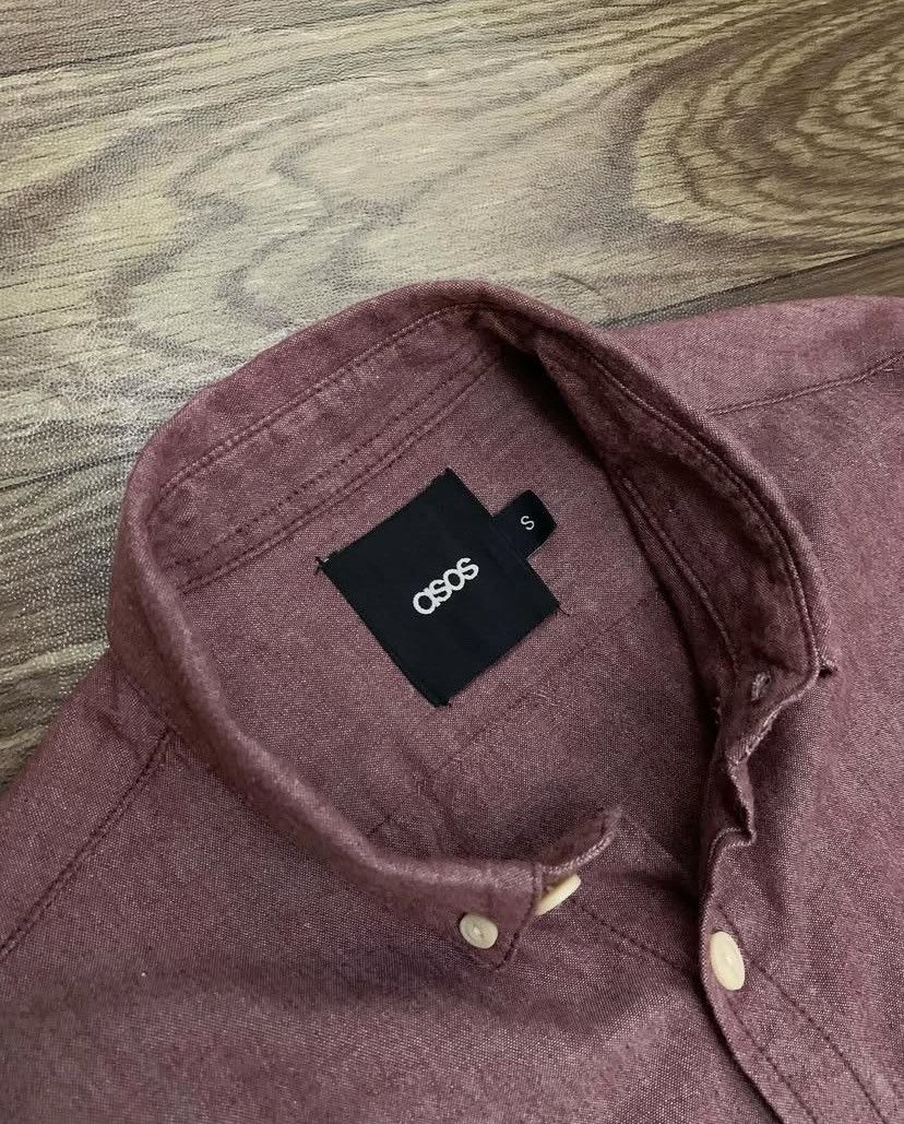 Asos Mens Shirt ASOS Cotton Chambray Burgundy Long Sleeve Size US S / EU 44-46 / 1 - 4 Thumbnail