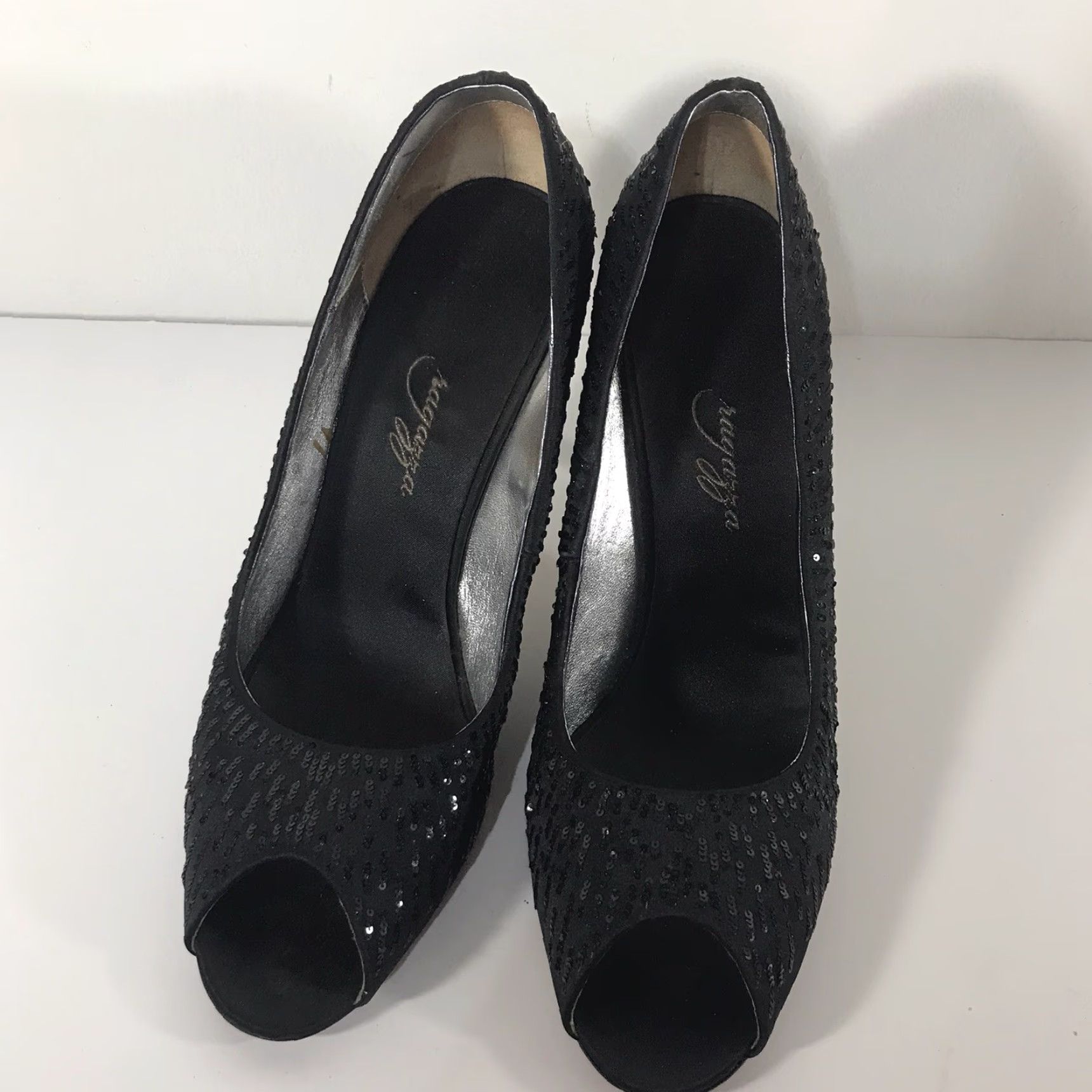 Vintage Ragazza Black Sequin Peep Toe Pumps Womens Size 10B 4in Heel Ultra High Size US 10 / IT 40 - 2 Thumbnail
