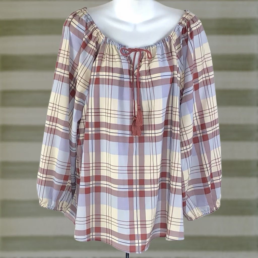 Vintage Daily Thread Top 1X Blue Brown Plaid Neck Boho Hippie Peasant Cottage Tassel Womens Size XL / US 12-14 / IT 48-50 - 1 Thumbnail