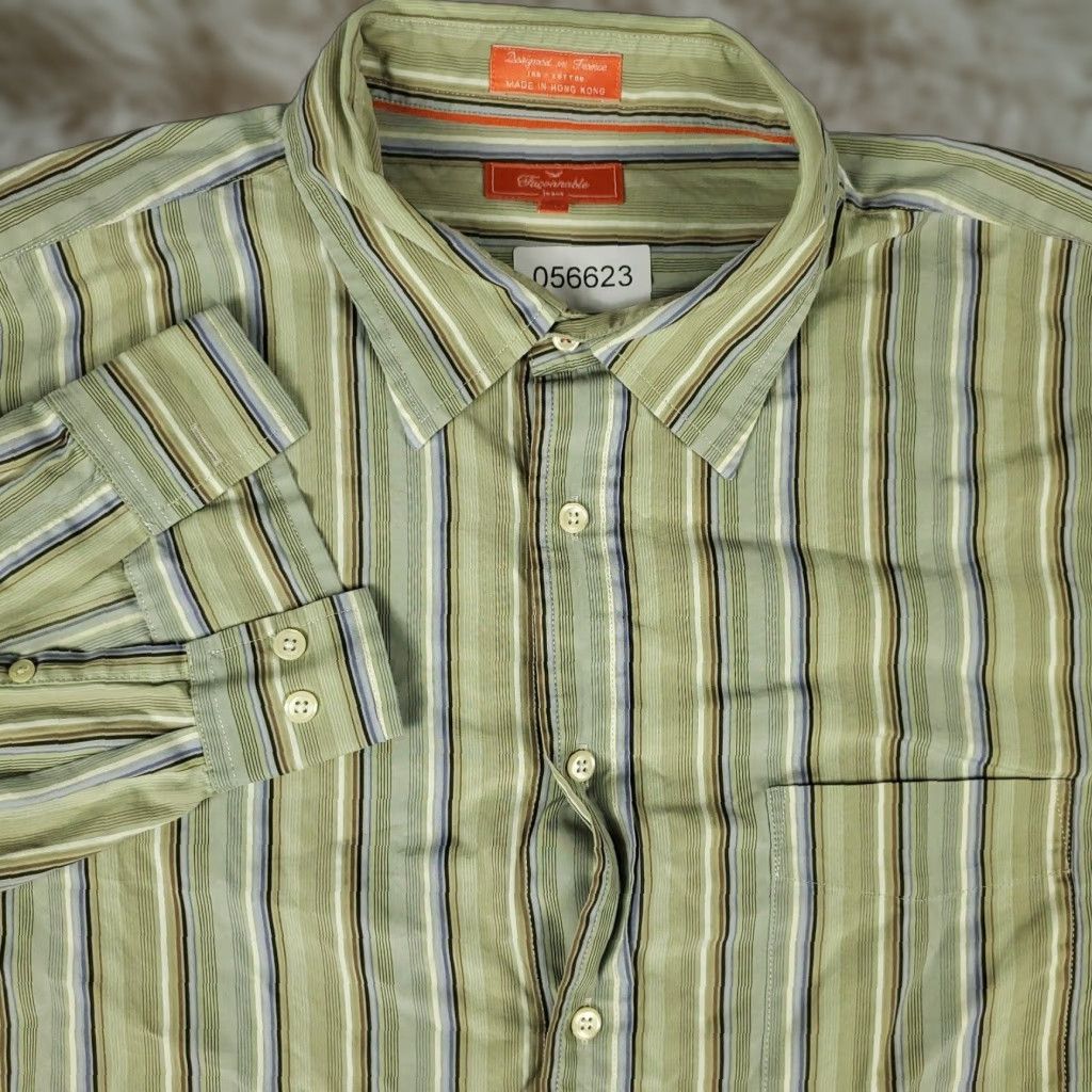 Faconnable Façonnable Green Striped Button-Up Shirt 2XLT Long Sleeve Casual Mens Size US XXL / EU 58 / 5 - 1 Thumbnail