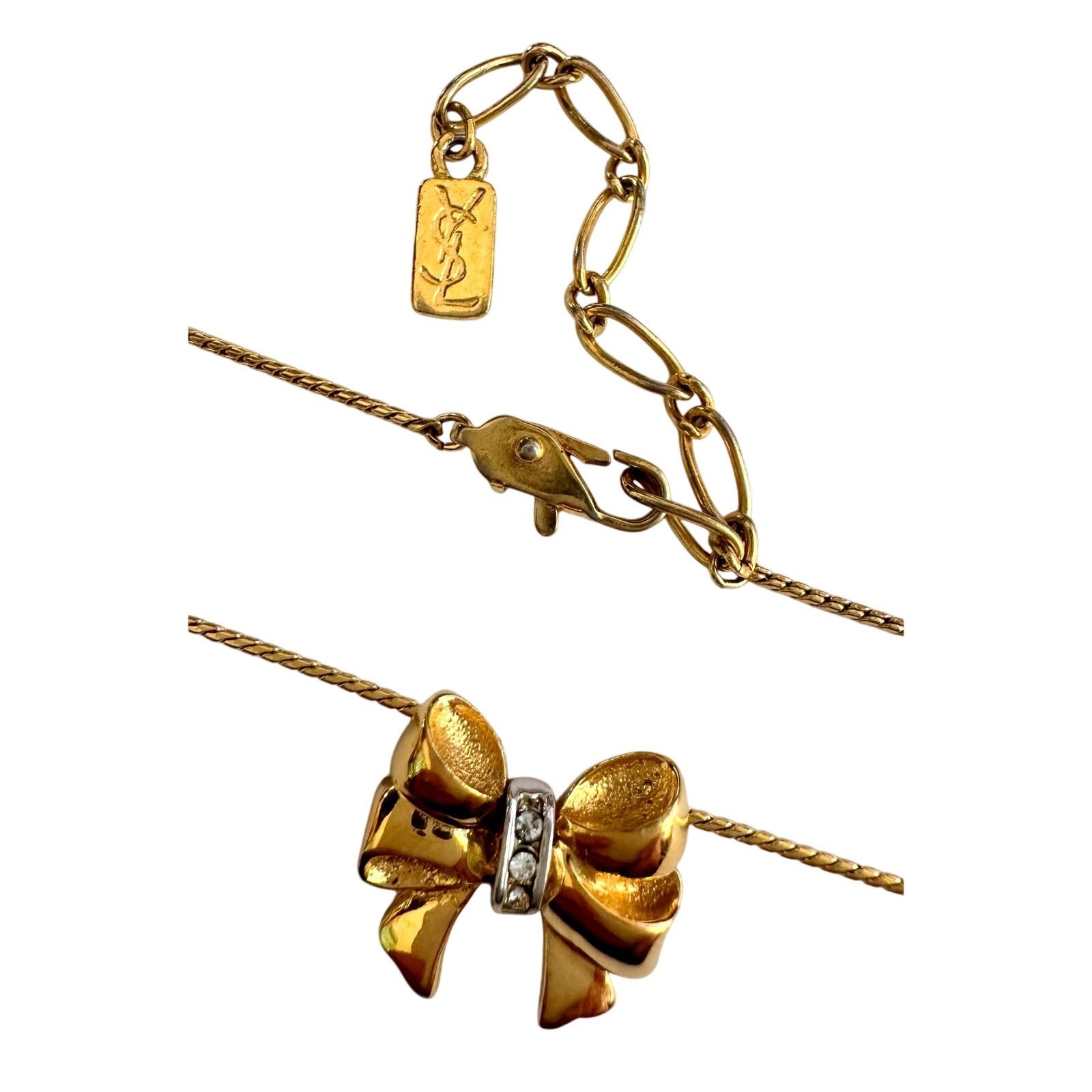 Yves Saint Laurent Yves Saint Laurent Gold and Rhinestone Bow Necklace Size ONE SIZE - 2 Thumbnail