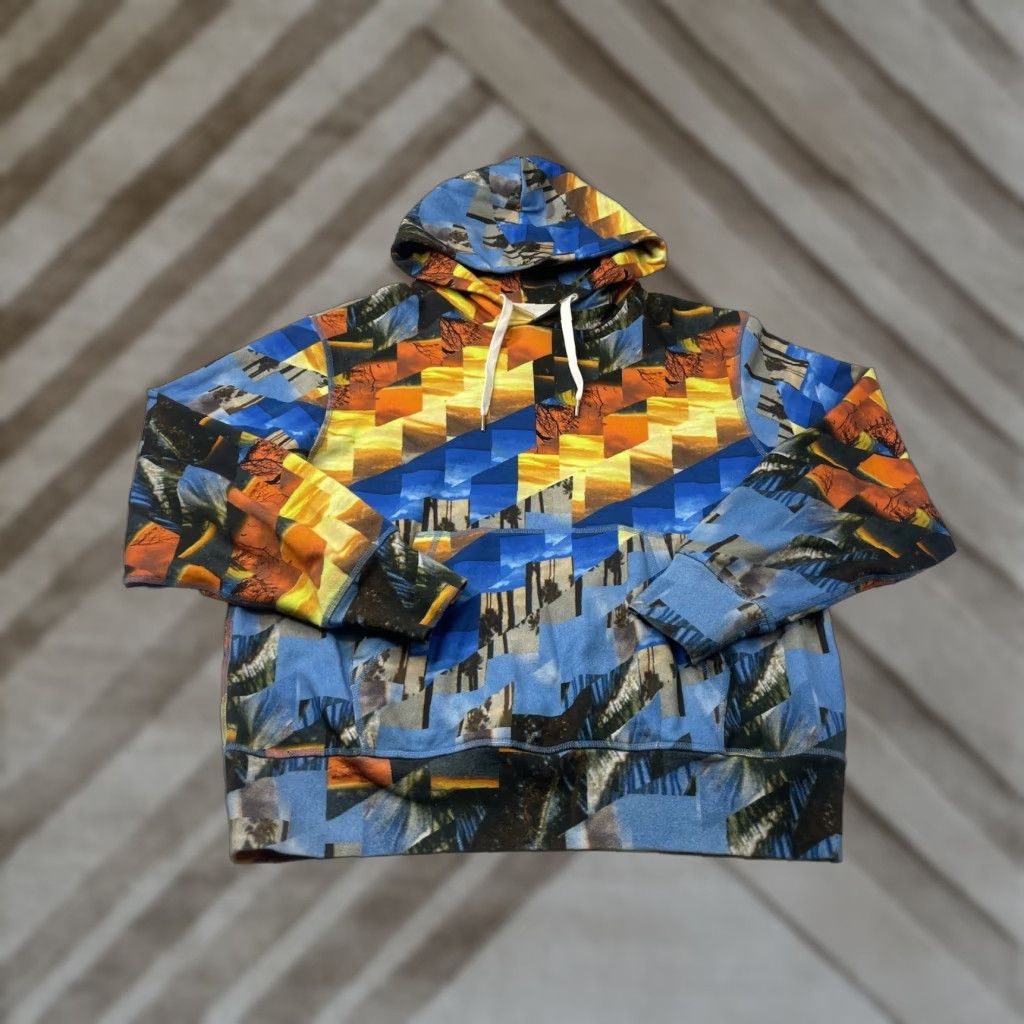 rag & bone Hoodie Men L Multicolor Geometric Beach Pullover Hooded Long Sleeve Lightweight Cotton Spandex Knit Drawstring Pattern: Geometric Large