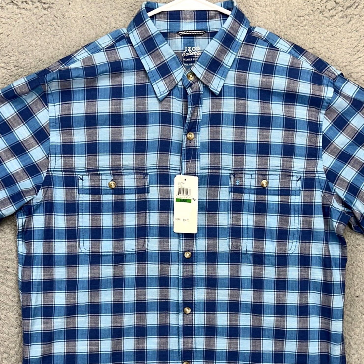 Izod Izod Saltwater Mens Shirt Large Blue Plaid Flap Pocket Button Up Relaxed NEW Size US L / EU 52-54 / 3 - 2 Thumbnail