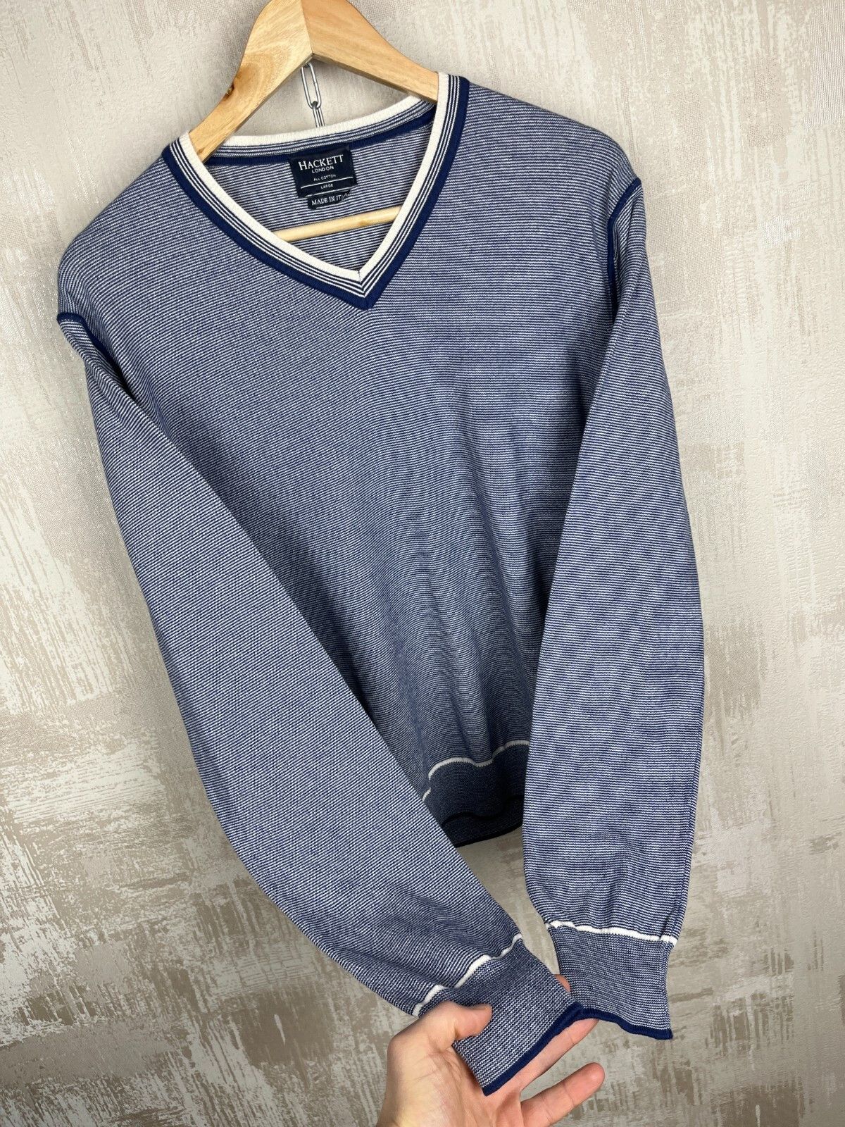 Hackett Hackett London V-neck Striped All Cotton Sweater Size US L / EU 52-54 / 3 - 10 Thumbnail