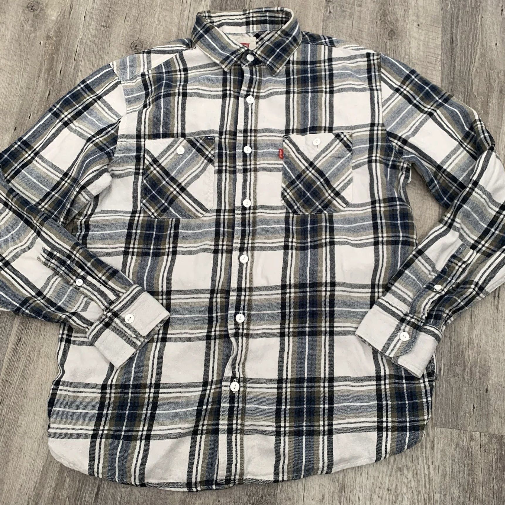 Levi's Levi’s Shirt Men Small Plaid Button-Up 100% Cotton Pockets Beige Flannel Casual Western 90s? (Oops) Size US S / EU 44-46 / 1 - 6 Thumbnail