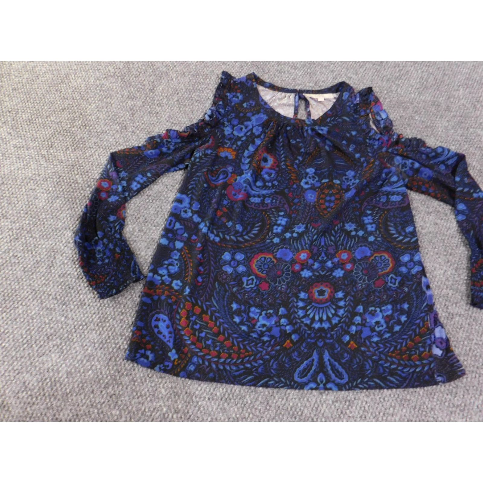Loft LOFT Shirt Womens Large Navy Blue Paisley Cold Shoulder Ruffle Long Sleeve Boho Size L / US 10 / IT 46 - 3 Thumbnail