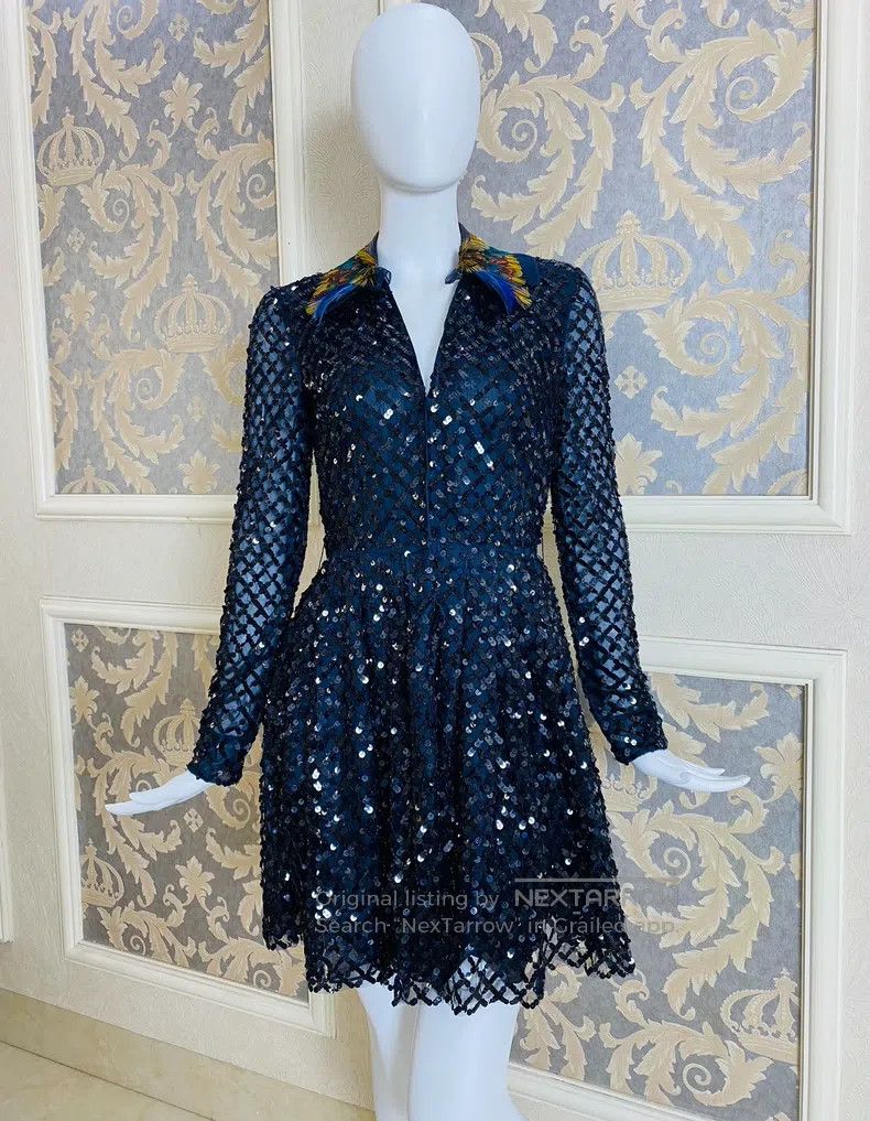 Valentino Valentino Navy blue sequin sweater feather collar dress Size S / US 4 / IT 40 - 2 Thumbnail
