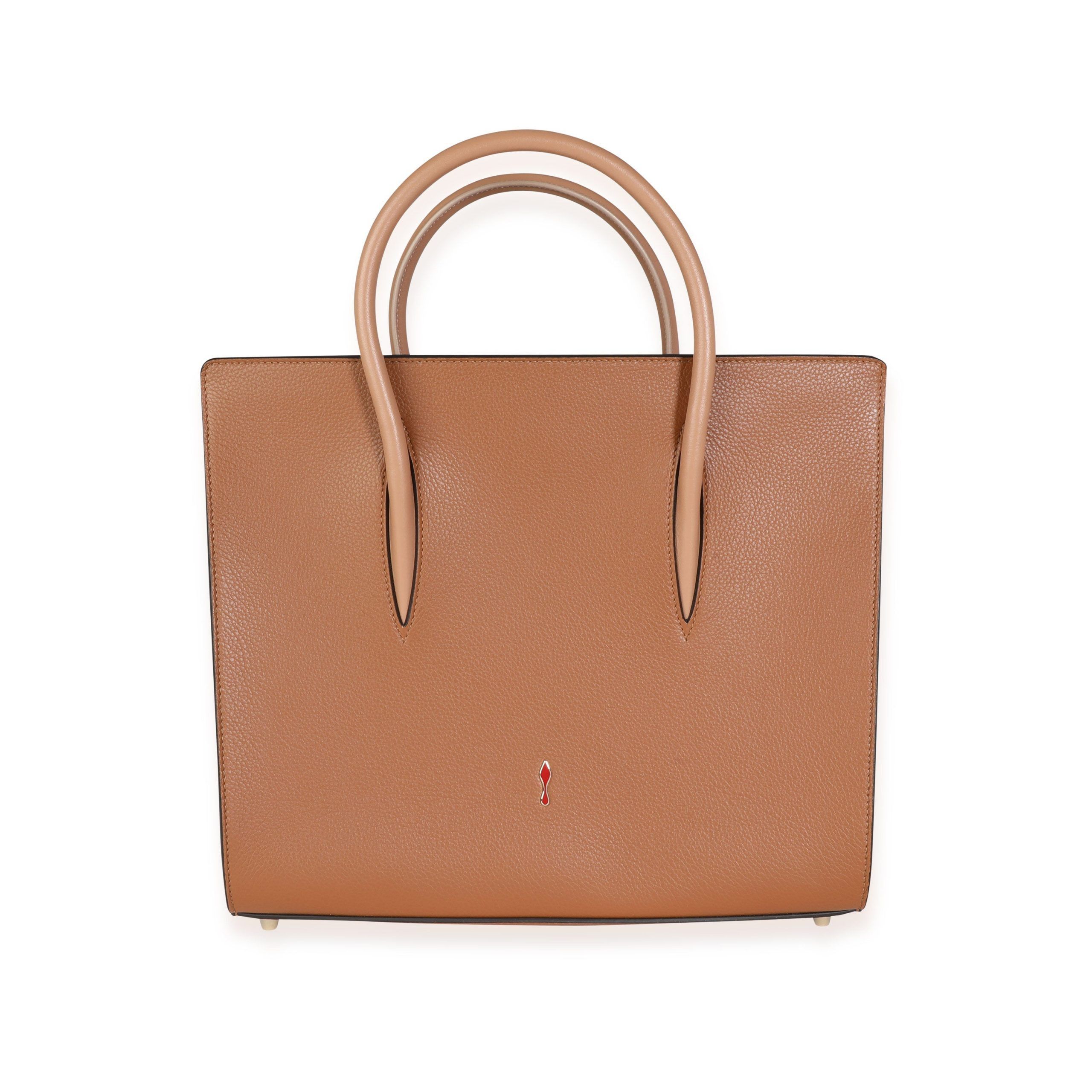 image of Christian Louboutin Tan Grained & Patent Leather Studded Large Paloma Tote in Brown, Women's