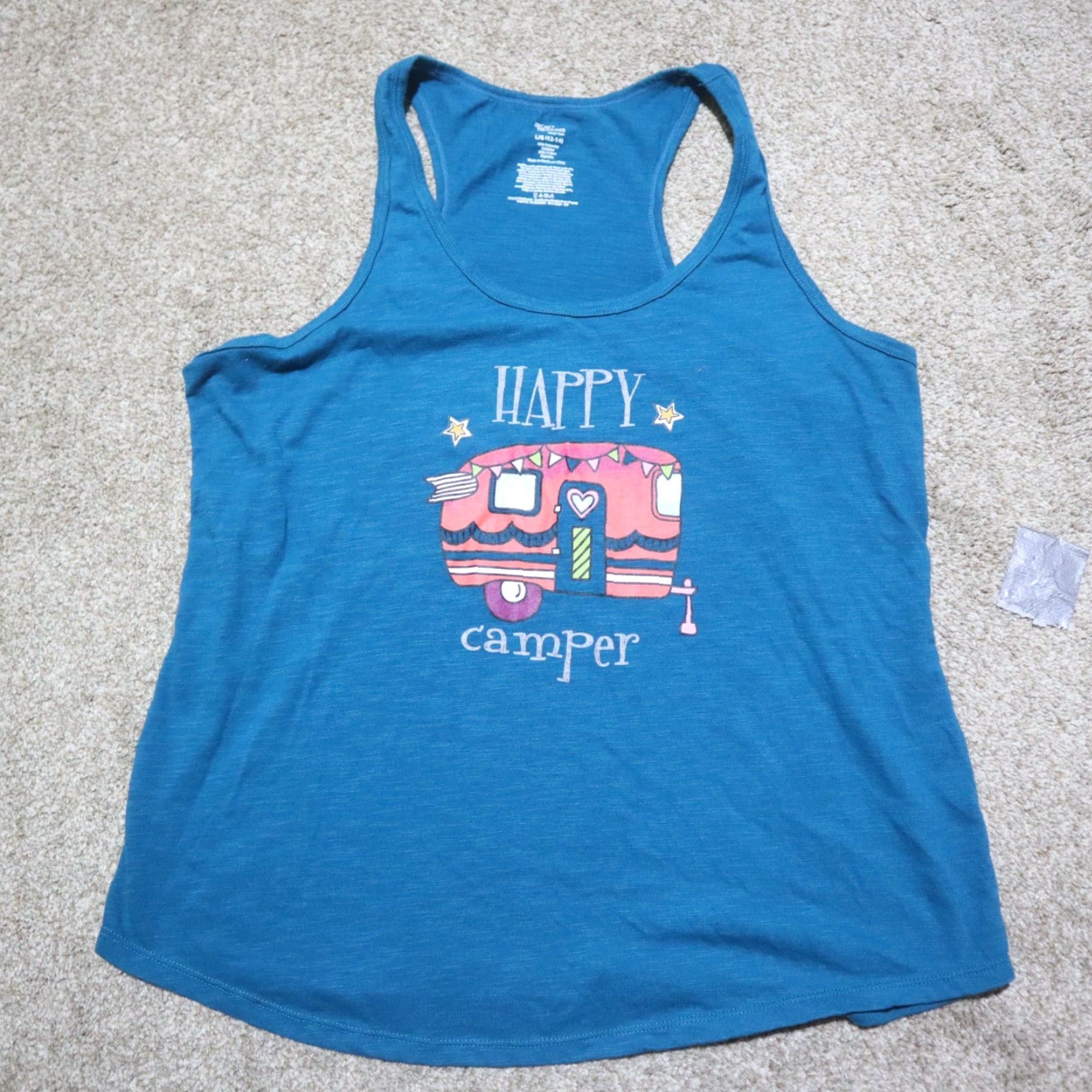 Vintage SECRET TREASURES Happy Camper Tank Shirt Women's L Blue Outdoor Tank Top Adult Large Size L / US 10 / IT 46 - 2 Thumbnail