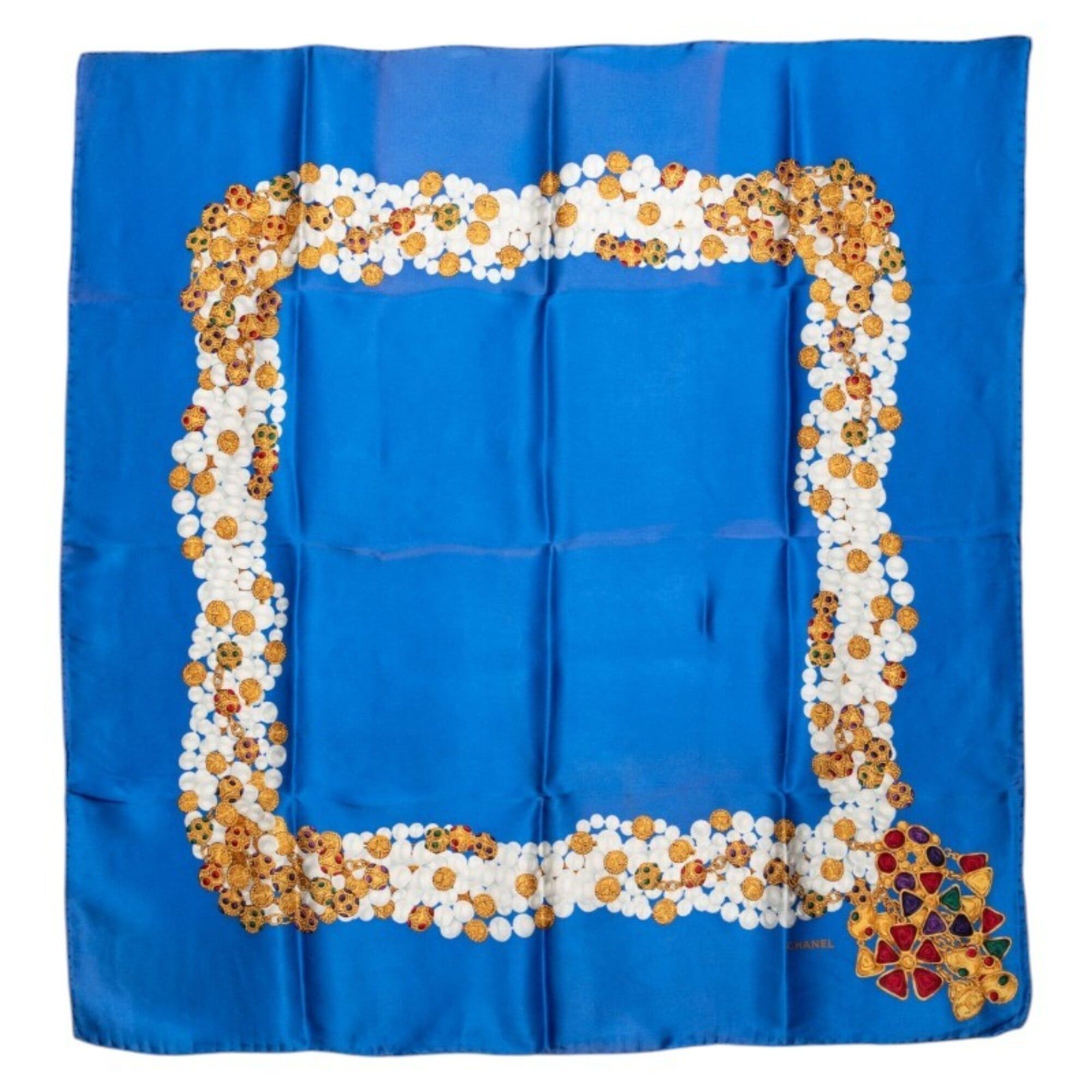 Chanel Chanel Pearl Jewel Motif Scarf Muffler Blue Multicolor Silk Women's CHANEL Size ONE SIZE - 1 Thumbnail
