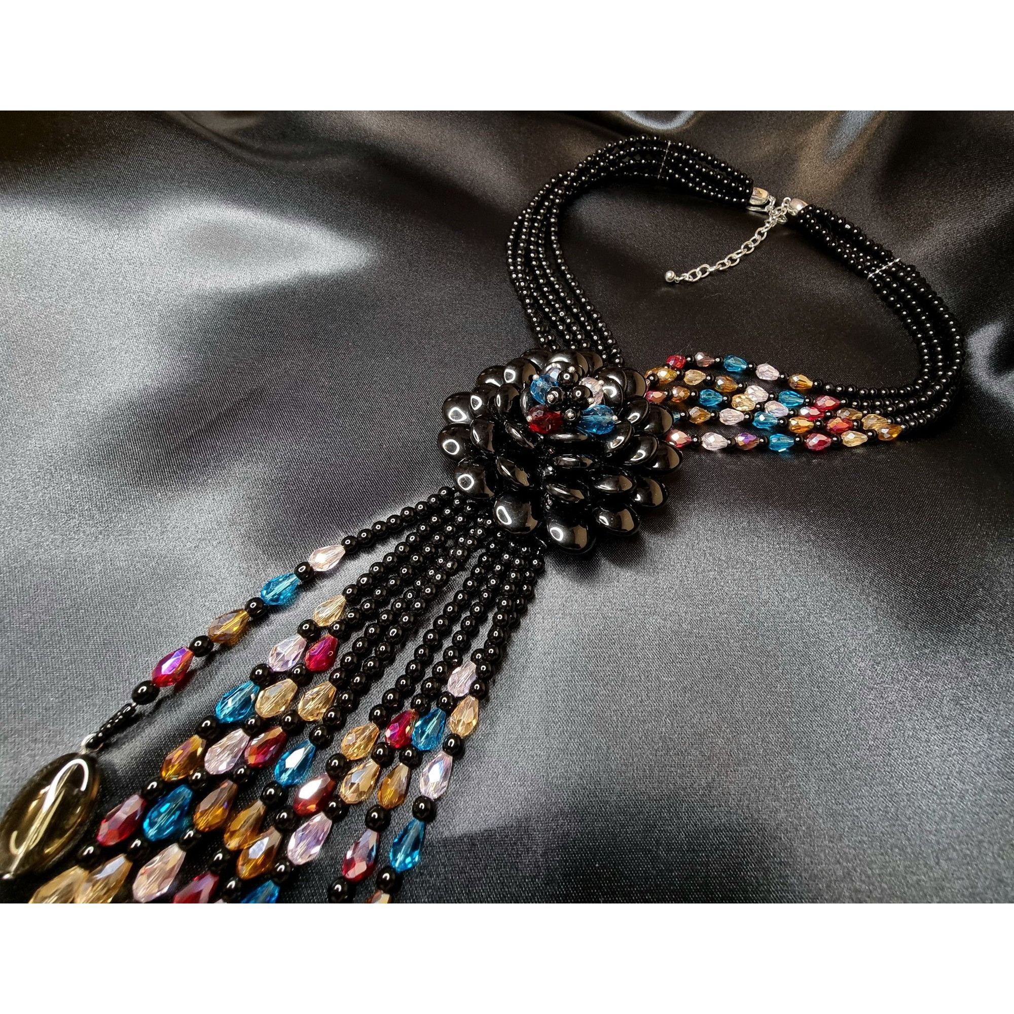 Vintage Large Style Black Beaded Crystal Statement Necklace