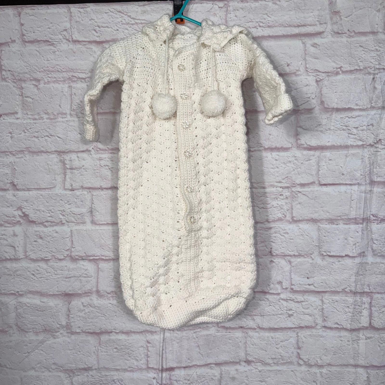 Other Handmade Crochet Baby Bunting with Hood and Pom Poms 0-6 Mos Size ONE SIZE - 1 Thumbnail