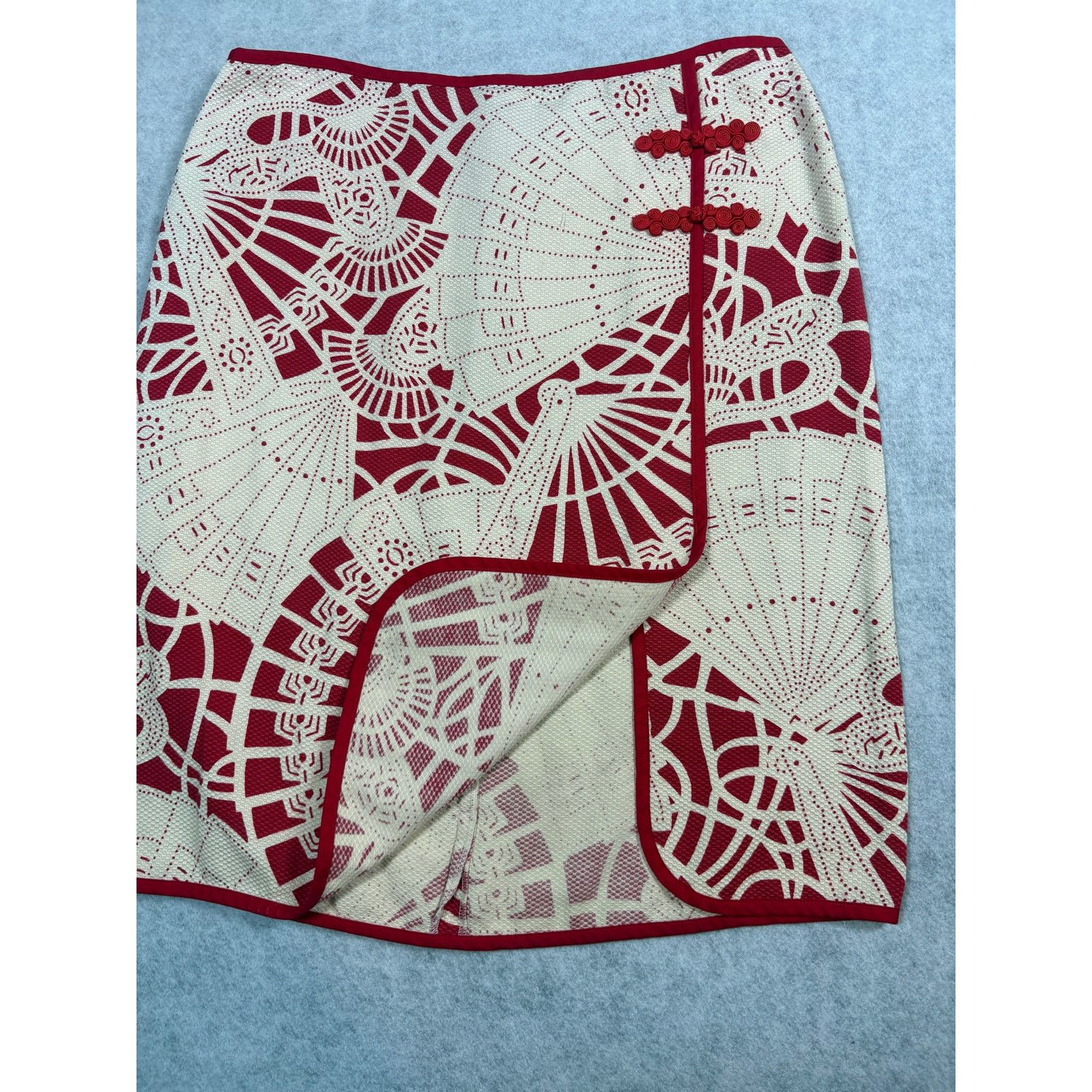 Other Beth Bowley Red Cream Fan Print Wrap Style, Unique #0526 Size 30" / US 8 / IT 44 - 5 Thumbnail