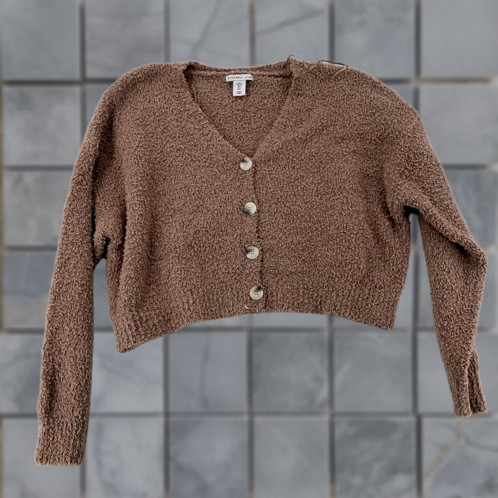 Vintage Sincerely Jules Cardigan Sweater Velvety Fleece Brown L Women’s Casual Long Sleeve Button Front 100% Polyester Regular Fit Knit Vintage? No Size L / US 10 / IT 46 - 1 Thumbnail
