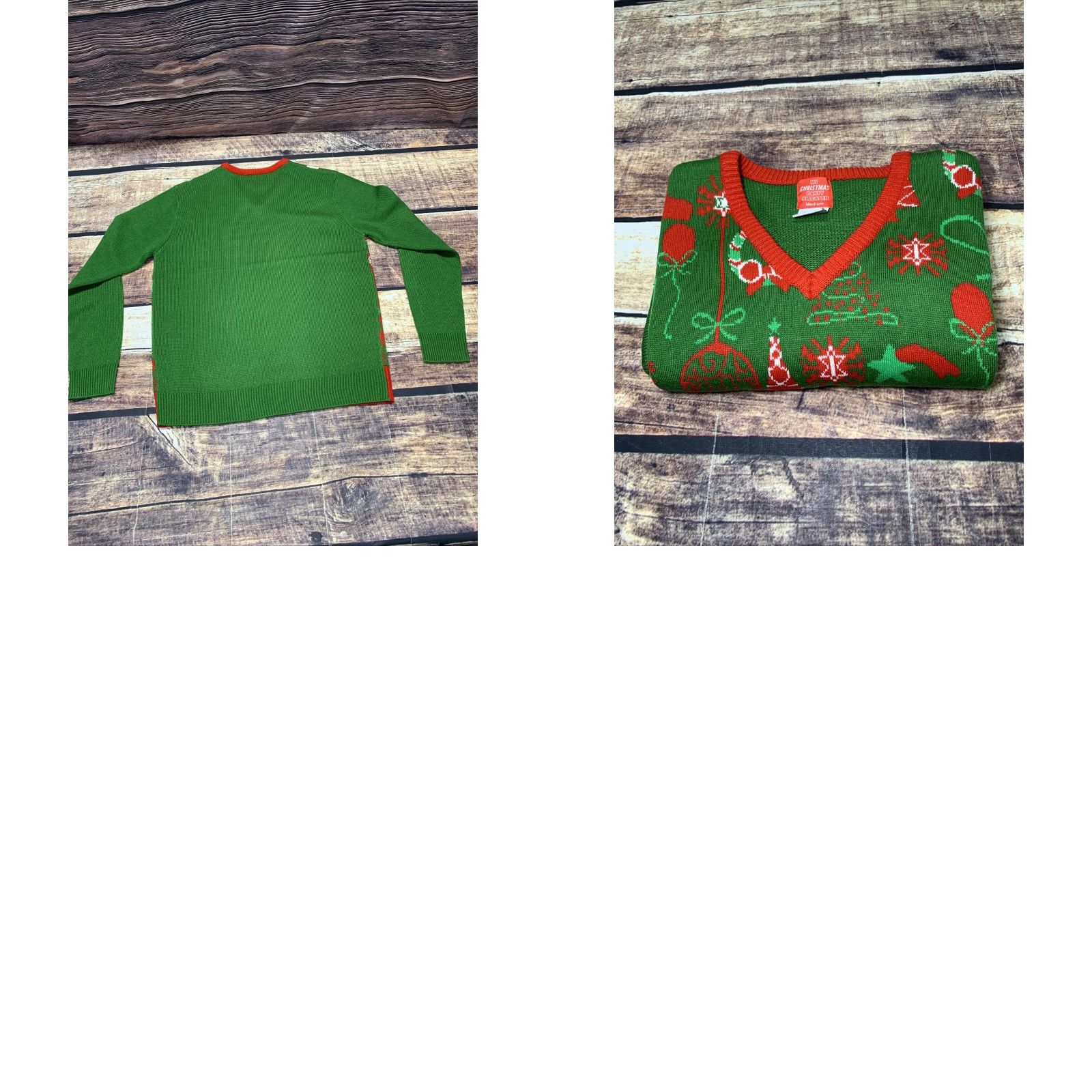 Vintage Ugly Christmas Sweater Shirt Unisex Adults Medium V-Neck Long Sleeve Red Green White Tree Ornament Snow Flakes Pullover Holiday - Size M / US 6-8 / IT 42-44 - 8 Thumbnail