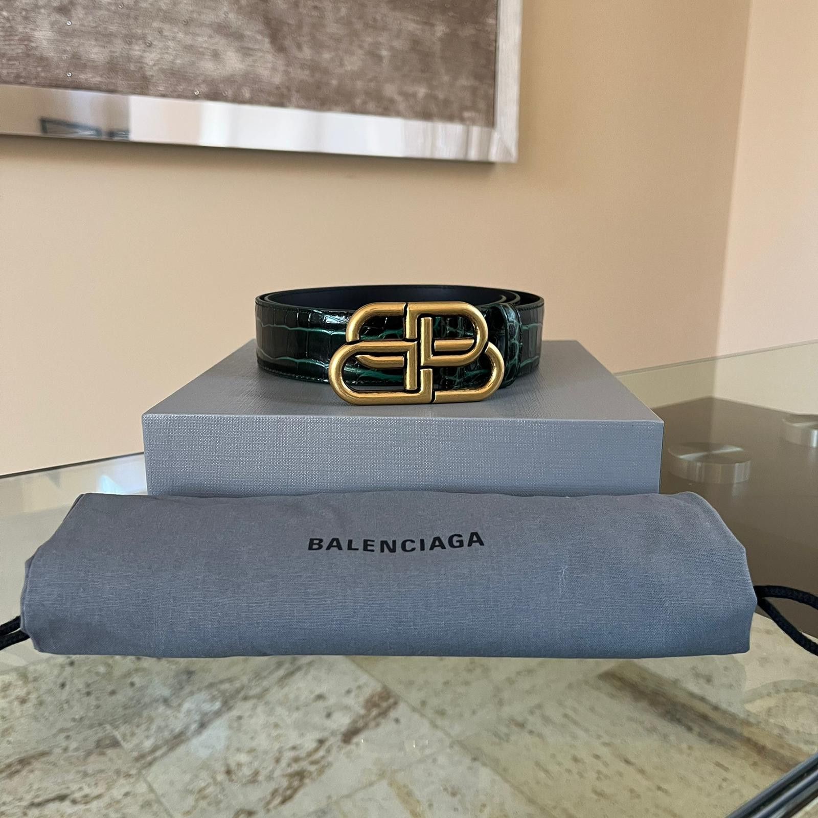 image of Balenciaga 90 Cm Croc Embossed Bb Logo Belt In Green Black, Men's