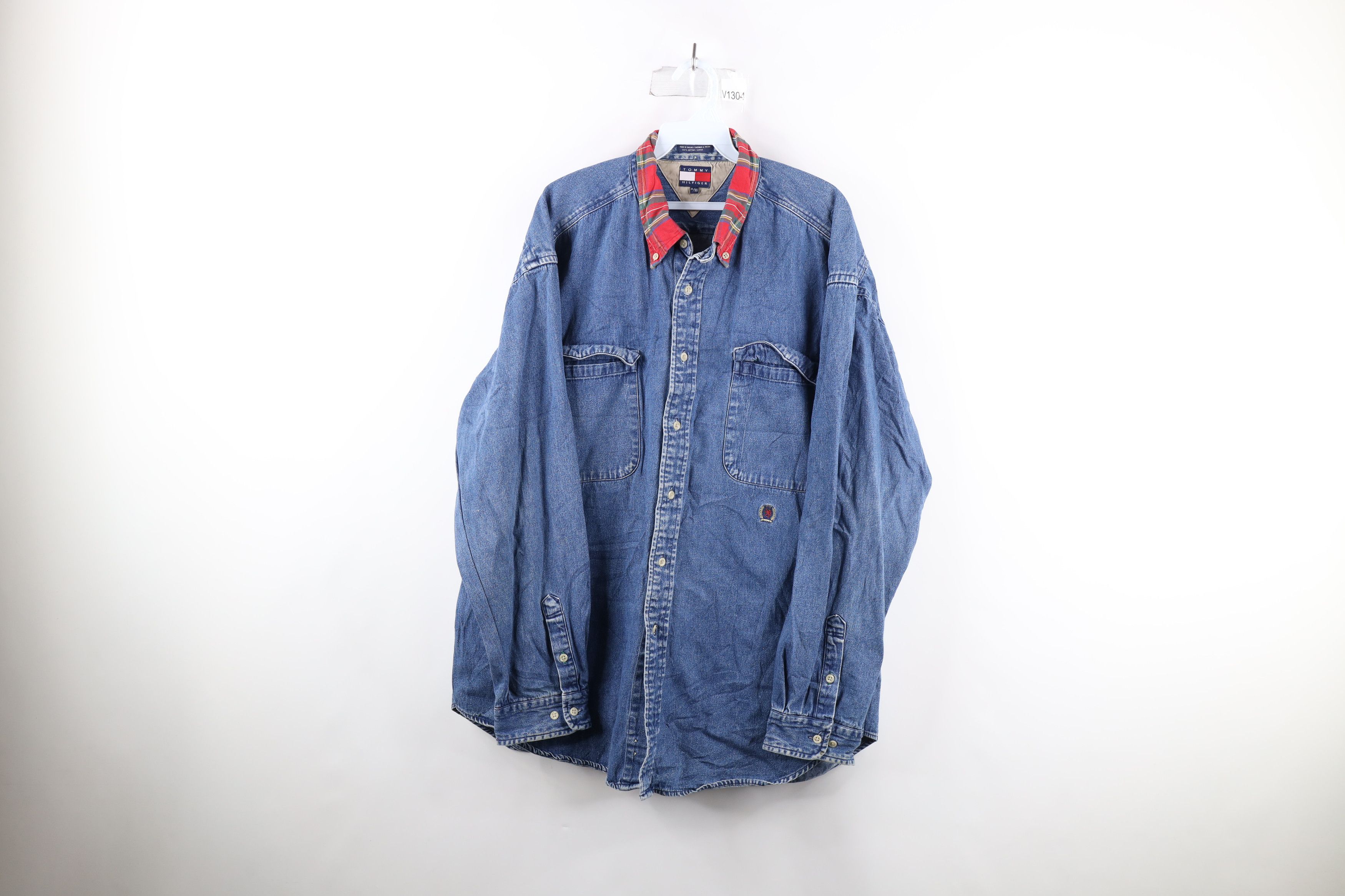 Vintage 90s Tommy Hilfiger Plaid Collared Denim Button Shirt