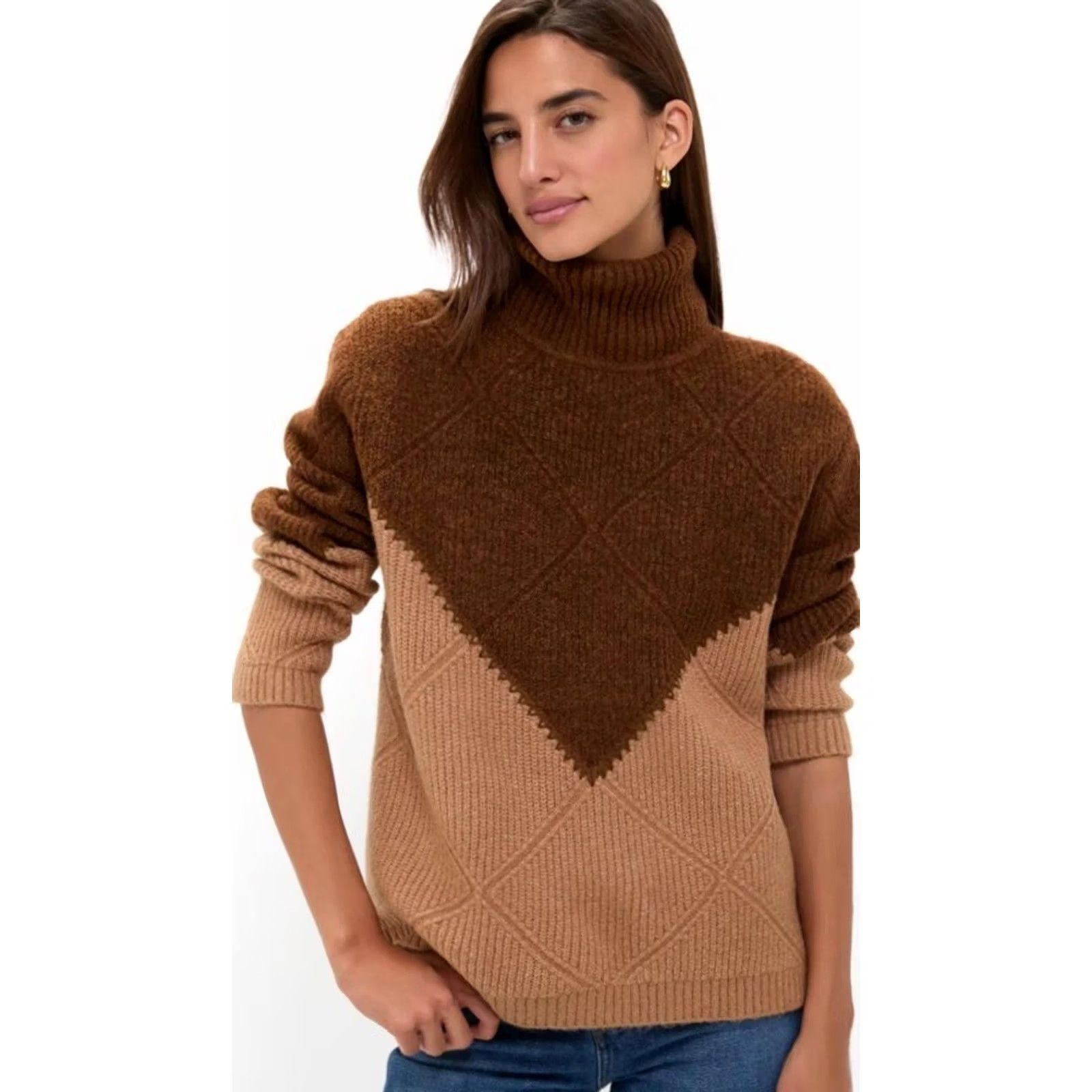 Vintage Diamond Hyacinth House Sweater Womens Tan Brown Diamond Demi Ribbed Knit Turtle Neck Sm Size S / US 4 / IT 40 - 2 Thumbnail